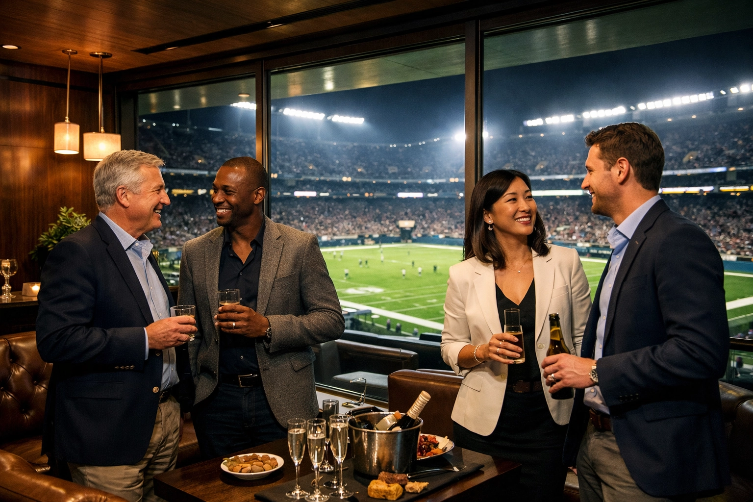 Brand Visibility Matters: How Premium Travel Enhances Your Sports Marketing Strategy Executives networking in a VIP stadium suite with a view of the football field during a corporate event.