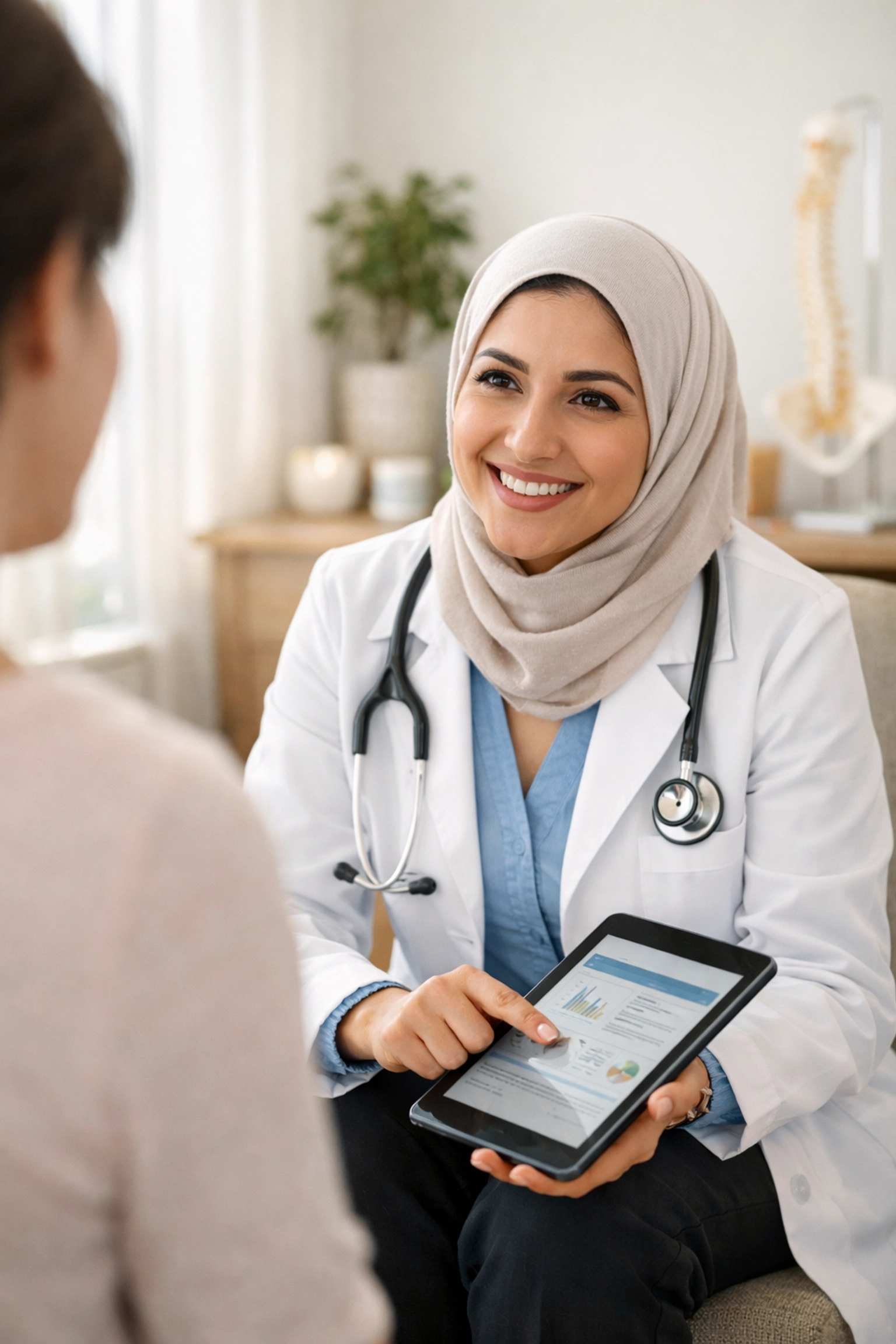 Healthcare provider sharing an easy-to-read wellness plan with a patient in a clinical setting.