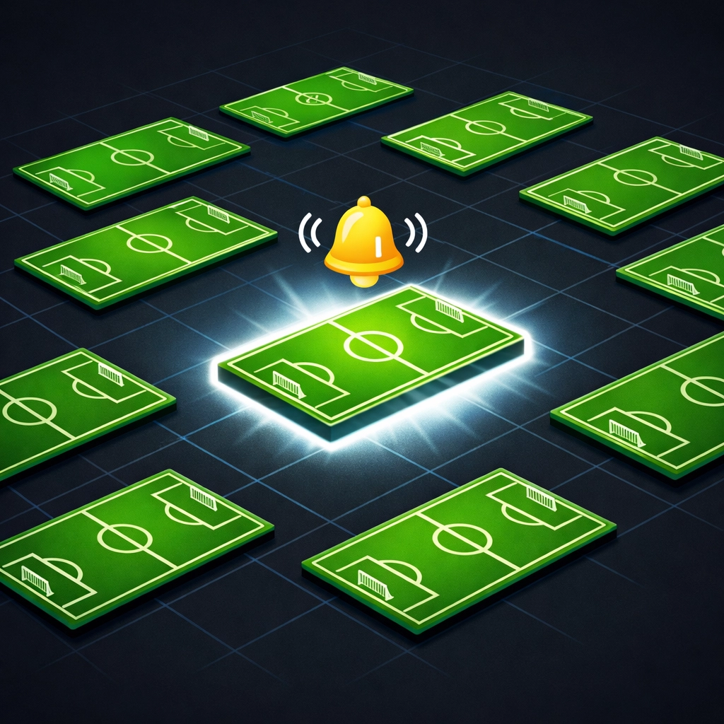 An in play scanner dashboard highlighting a specific football match with an alert icon.