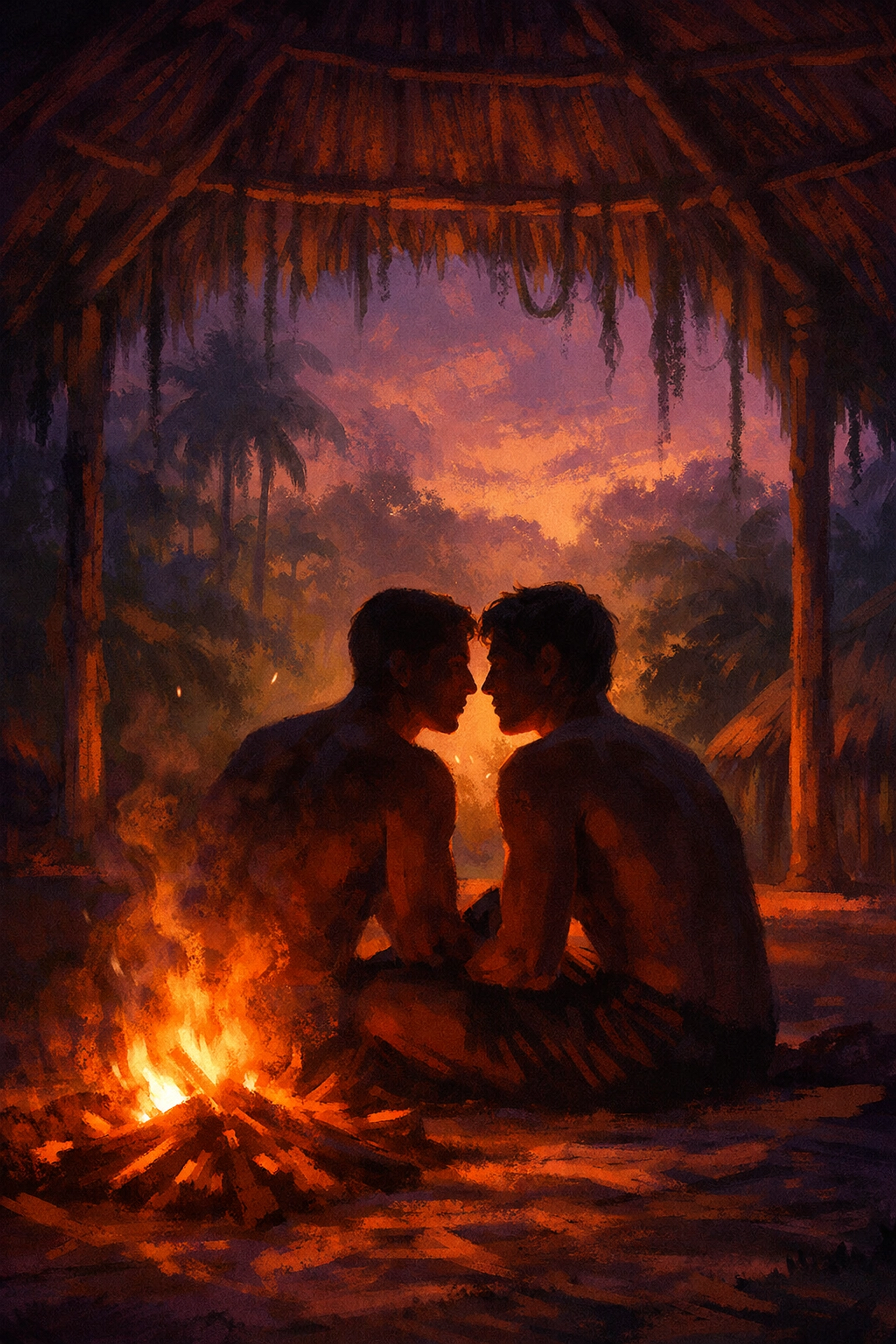 Yanomami men in traditional shabono dwelling sharing intimate conversation by firelight