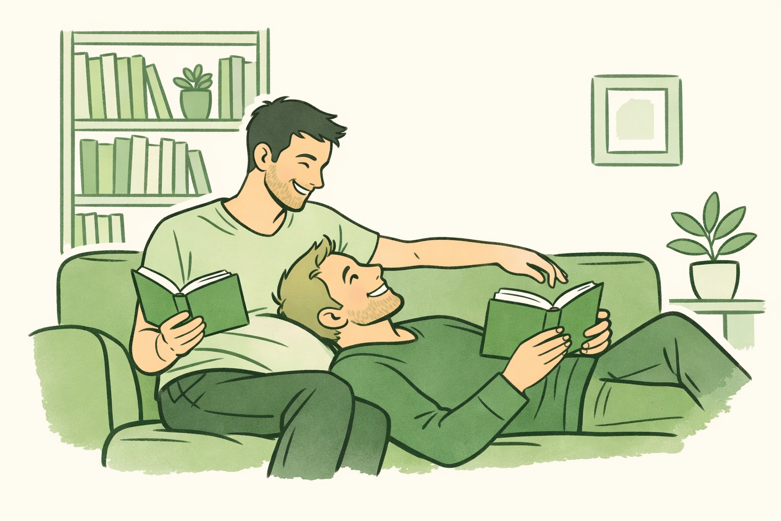 Two men reading together on a sofa, celebrating gay book club culture and award-winning LGBTQ+ fiction.