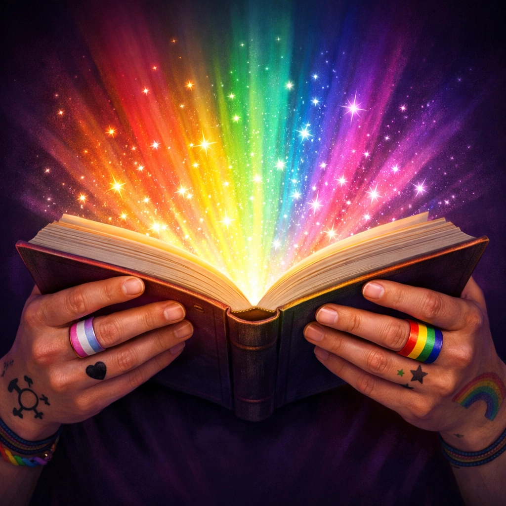Hands holding a book with glowing rainbow light, symbolizing the power of queer OwnVoices storytelling.