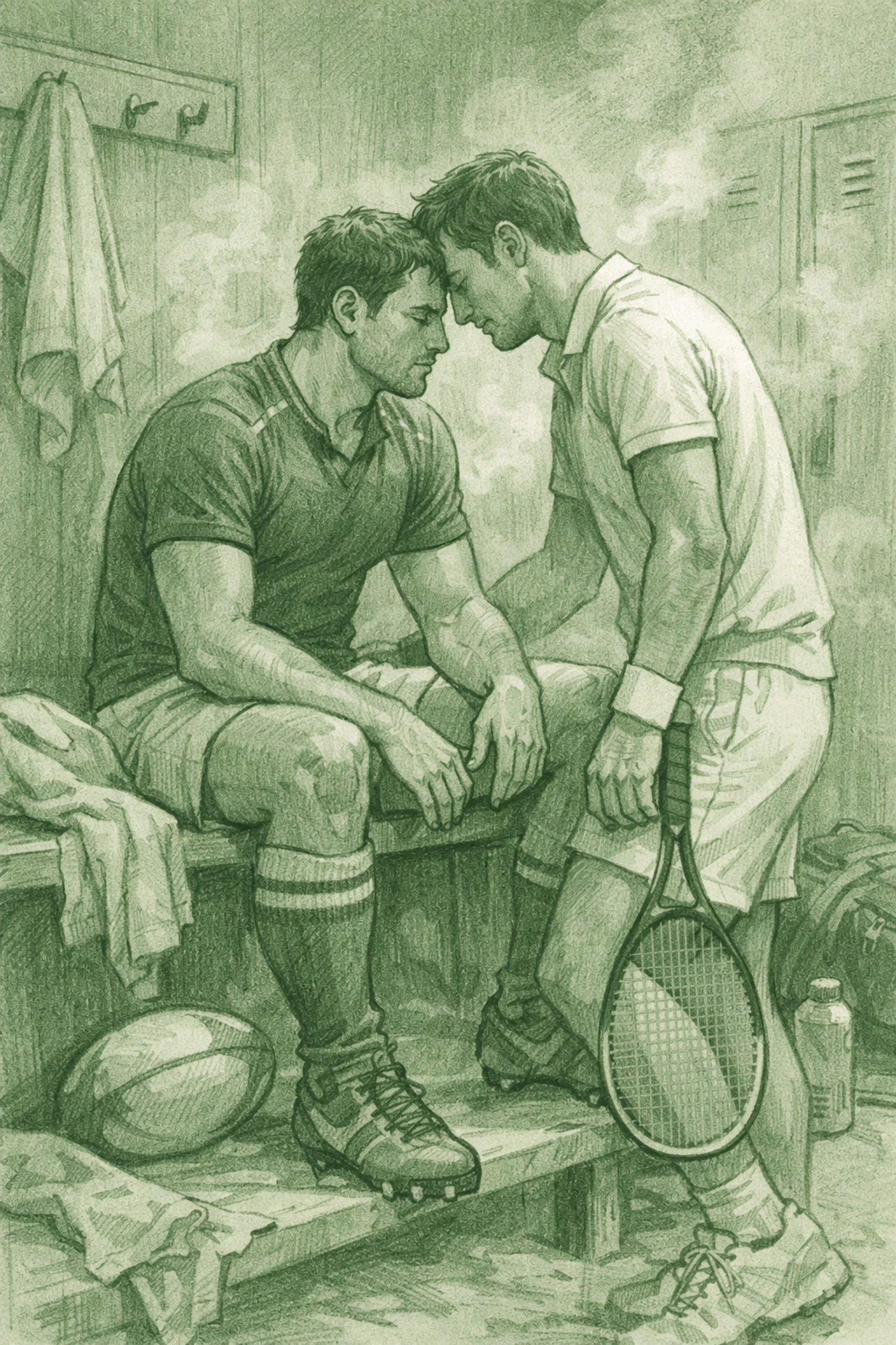 Two male athletes sharing vulnerable moment in locker room MM sports romance