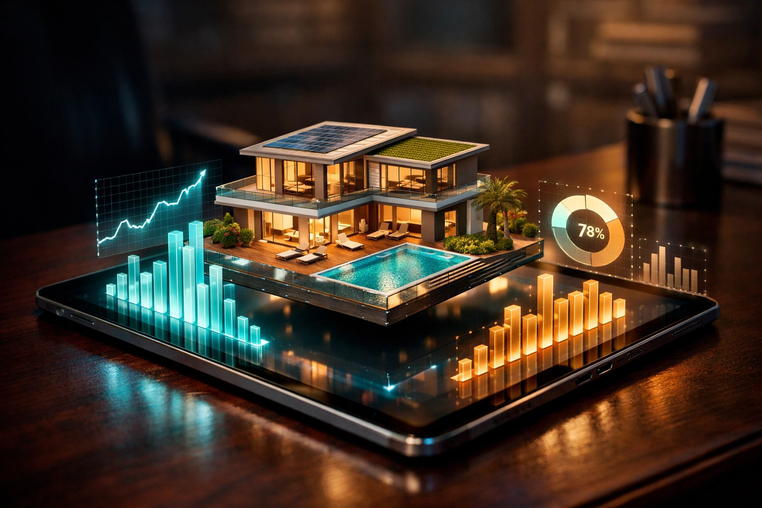 Modern villa model on a digital tablet showing holographic real estate growth charts.