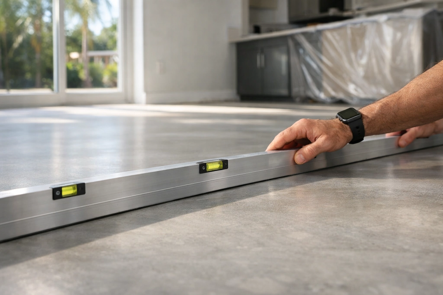 Professional contractor checking concrete subfloor levelness for a high-quality flooring renovation in Orlando.