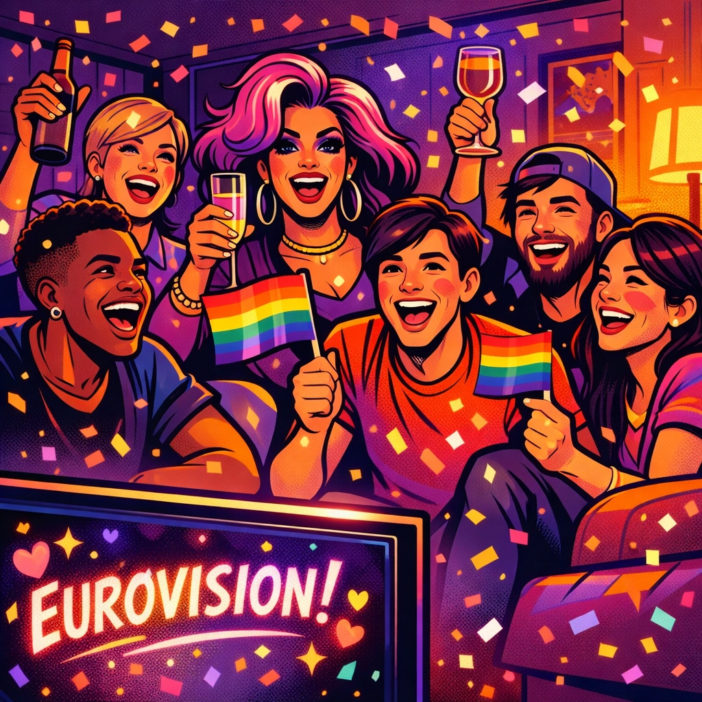 LGBTQ+ community celebrating Eurovision Song Contest together with rainbow flags