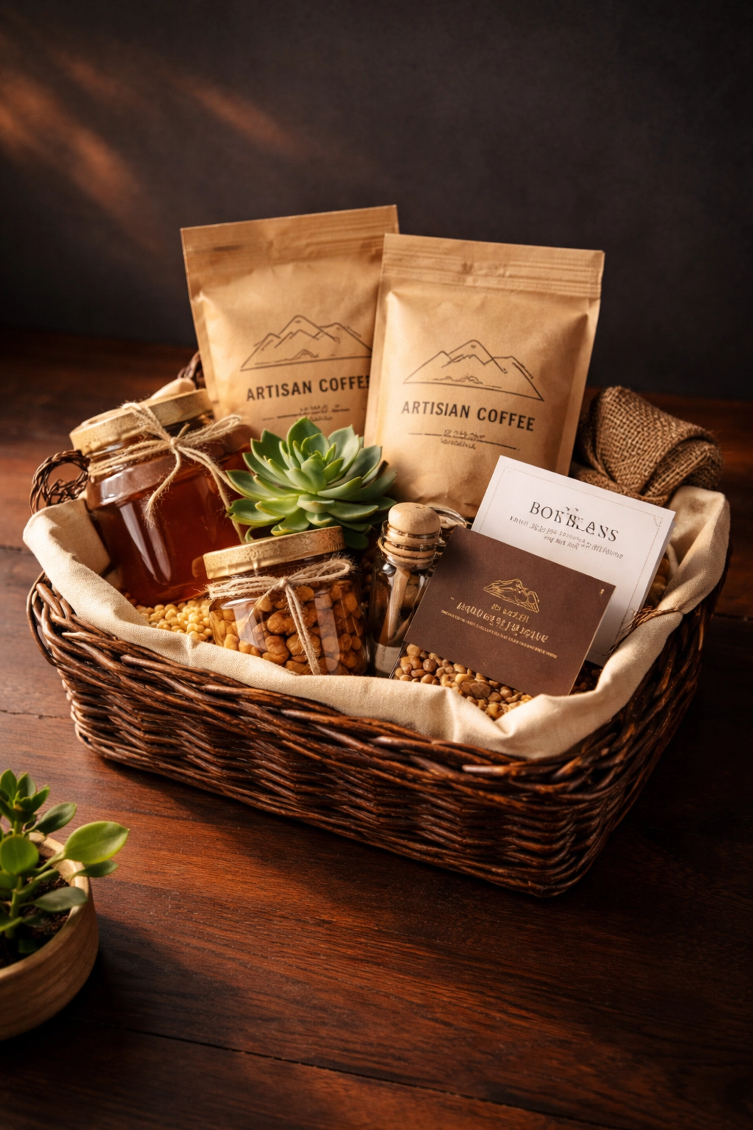 Welcome gift basket for new homeowners with local treats and business cards, highlighting real estate community connections.