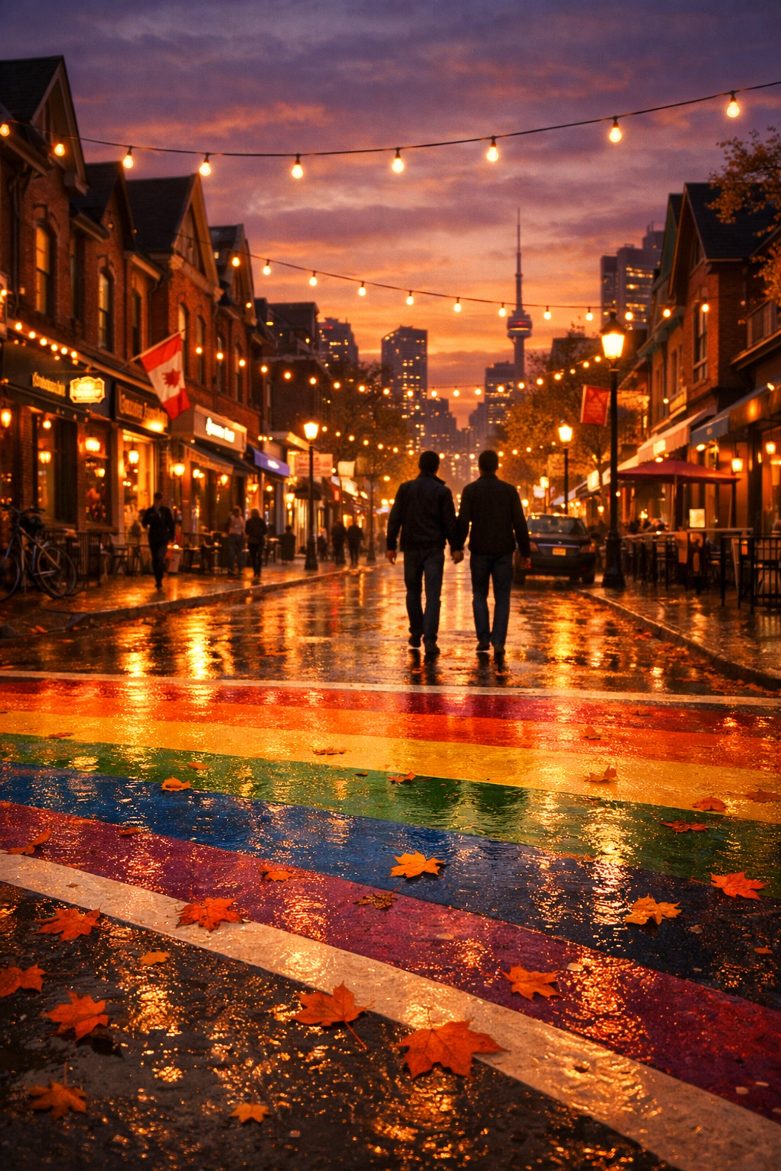 Toronto's Church-Wellesley Village rainbow crosswalk with gay couple holding hands at dusk