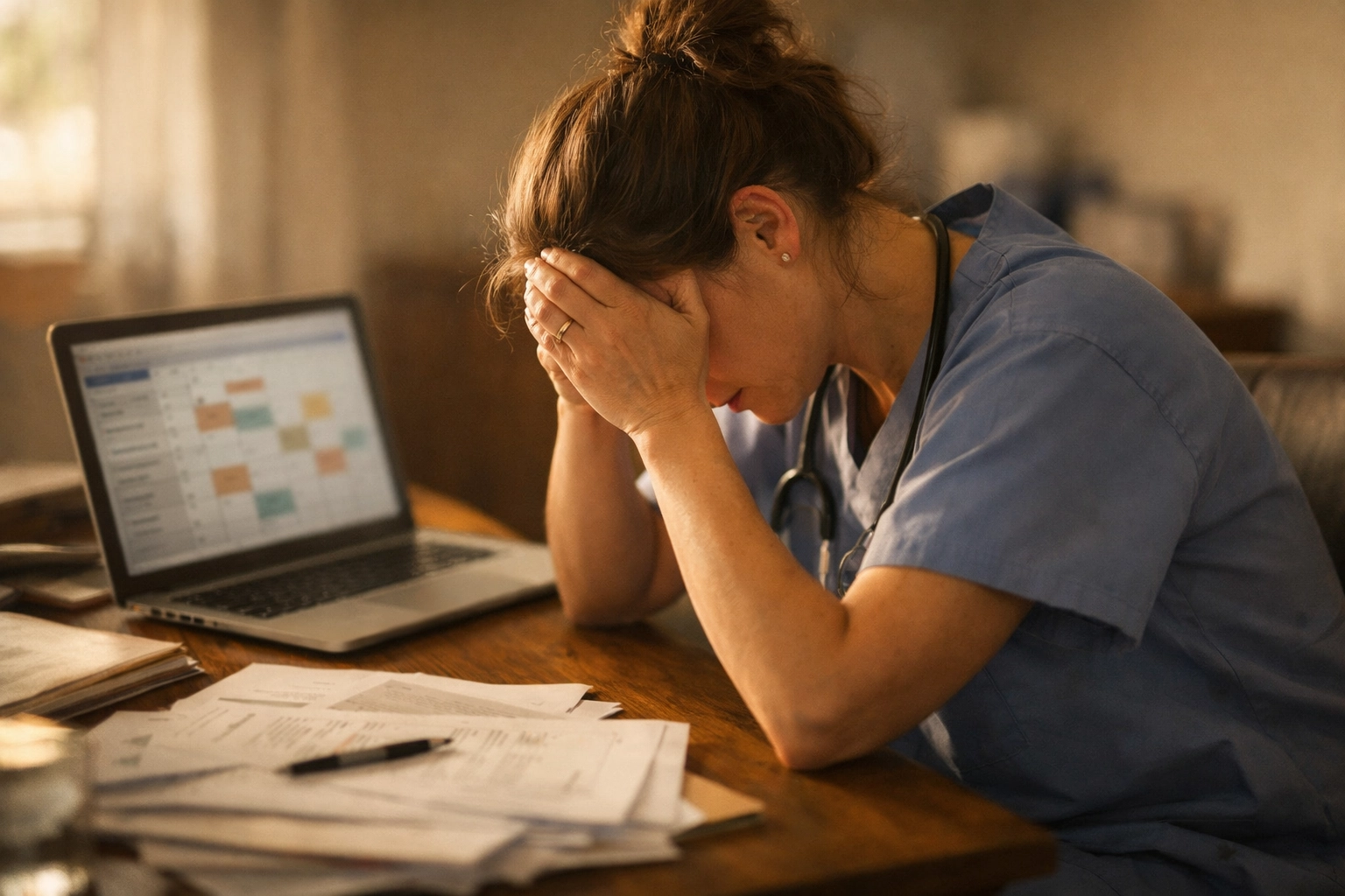 Exhausted healthcare provider at desk showing signs of burnout before starting energy audit