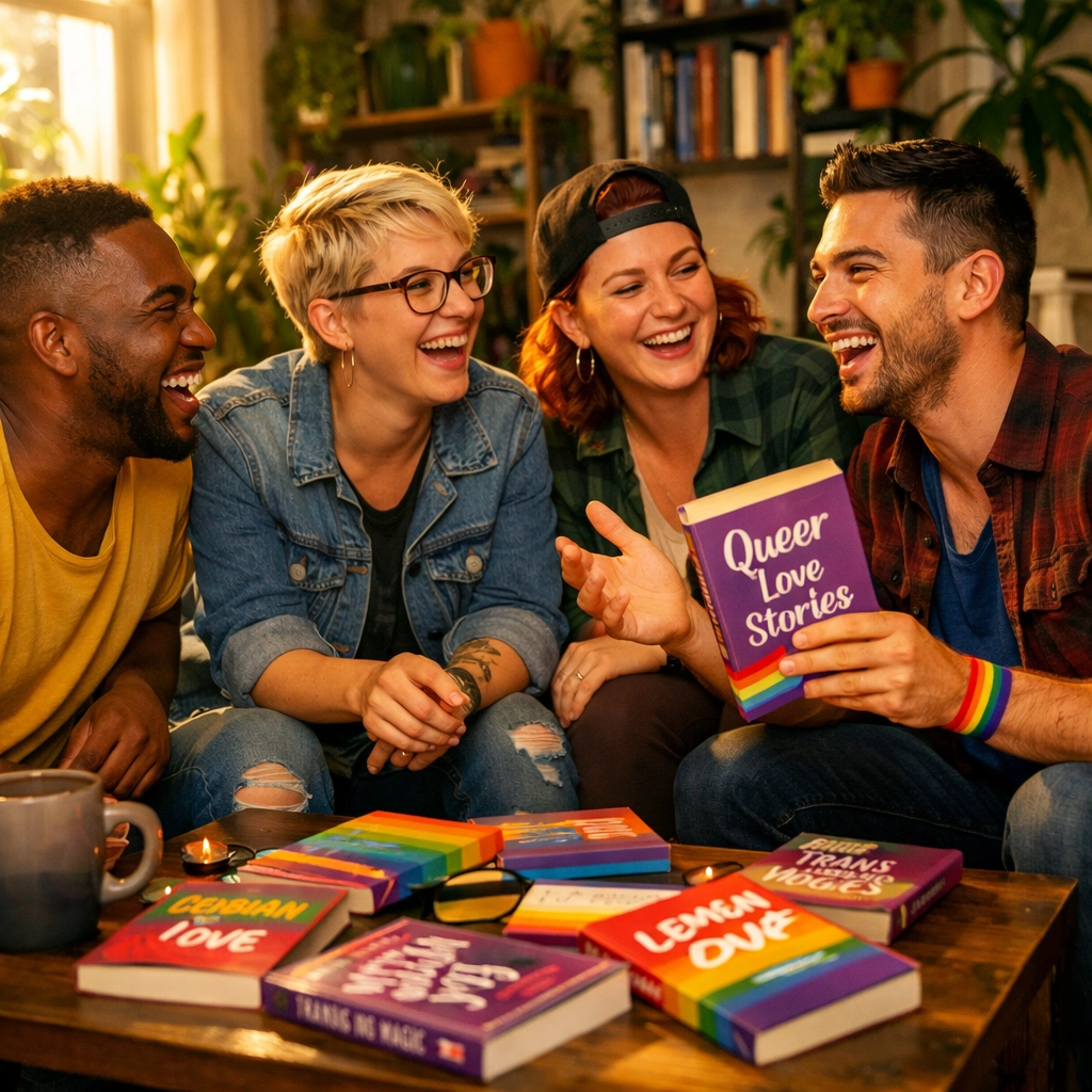 Friends discussing the best MM romance books of 2026, building community through queer fiction.