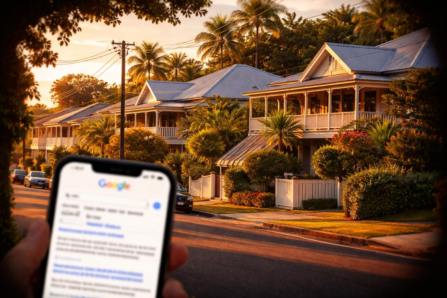 Brisbane suburban street with homes at sunset and a smartphone showing a local pest control search result, highlighting local SEO.