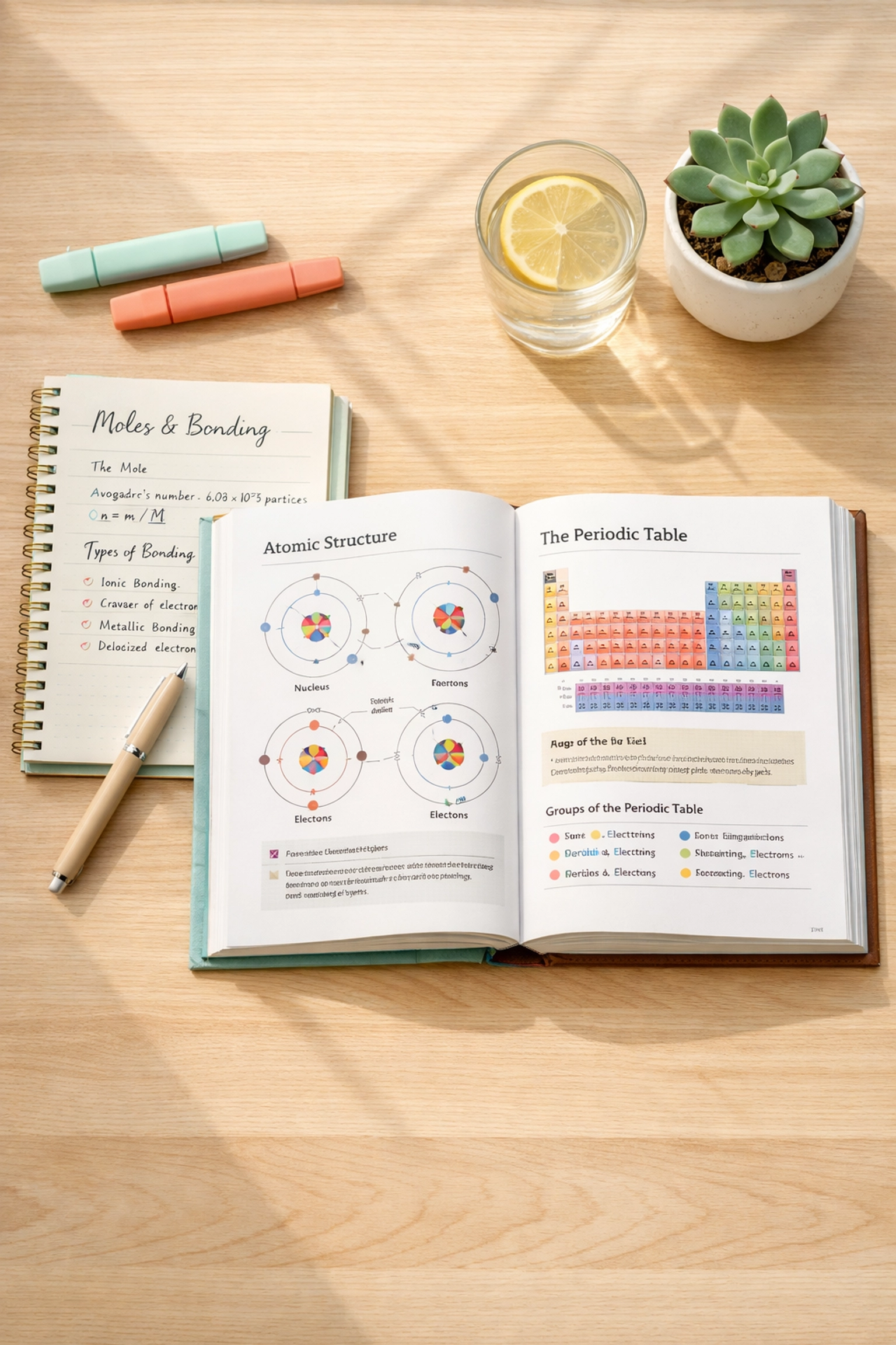 A Level Chemistry study desk with textbooks and notes for Year 11 summer revision