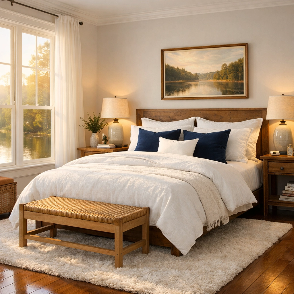 Serene bedroom with dust-free hardwood floors after thorough professional deep cleaning services.