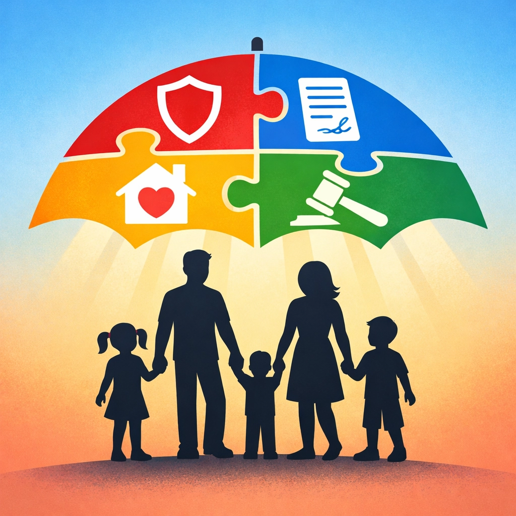 Shield protecting family symbolizing insurance, legal guardianship, and financial security