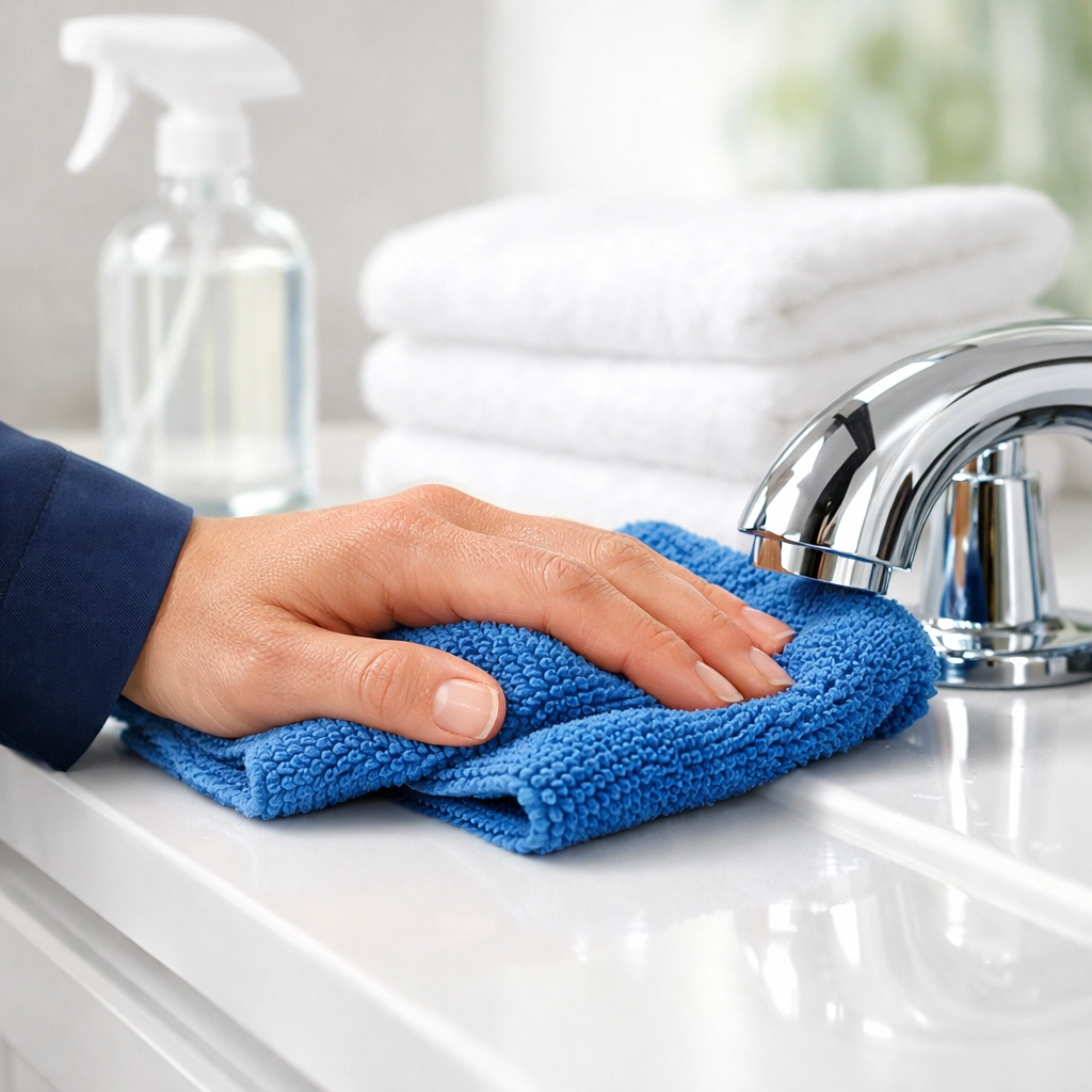 Professional cleaner using eco-friendly tools for detailed residential cleaning in Hopkinton bathrooms.