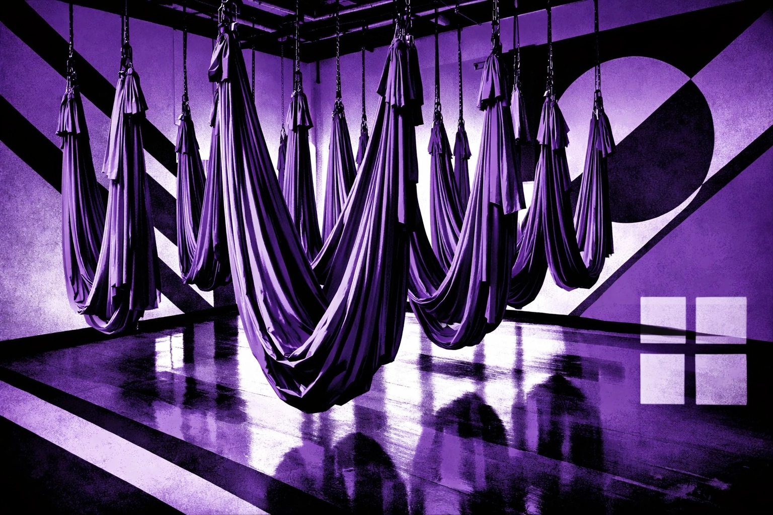 Conceptual black-and-white aerial yoga hammock with purple geometric overlay (no people)