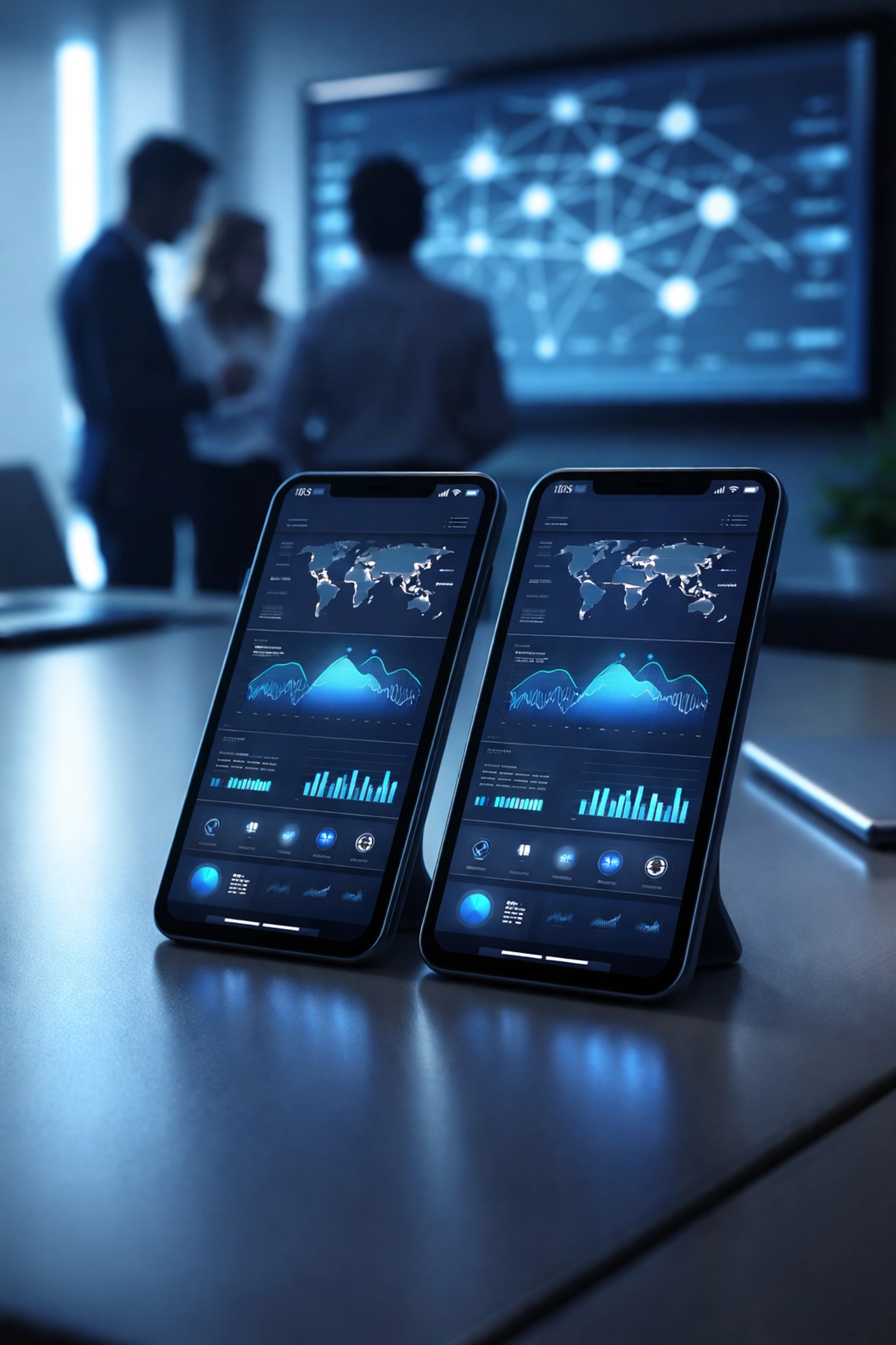 Close-up of smartphones displaying synchronized emergency data, illustrating offline mobile app data sync solutions.