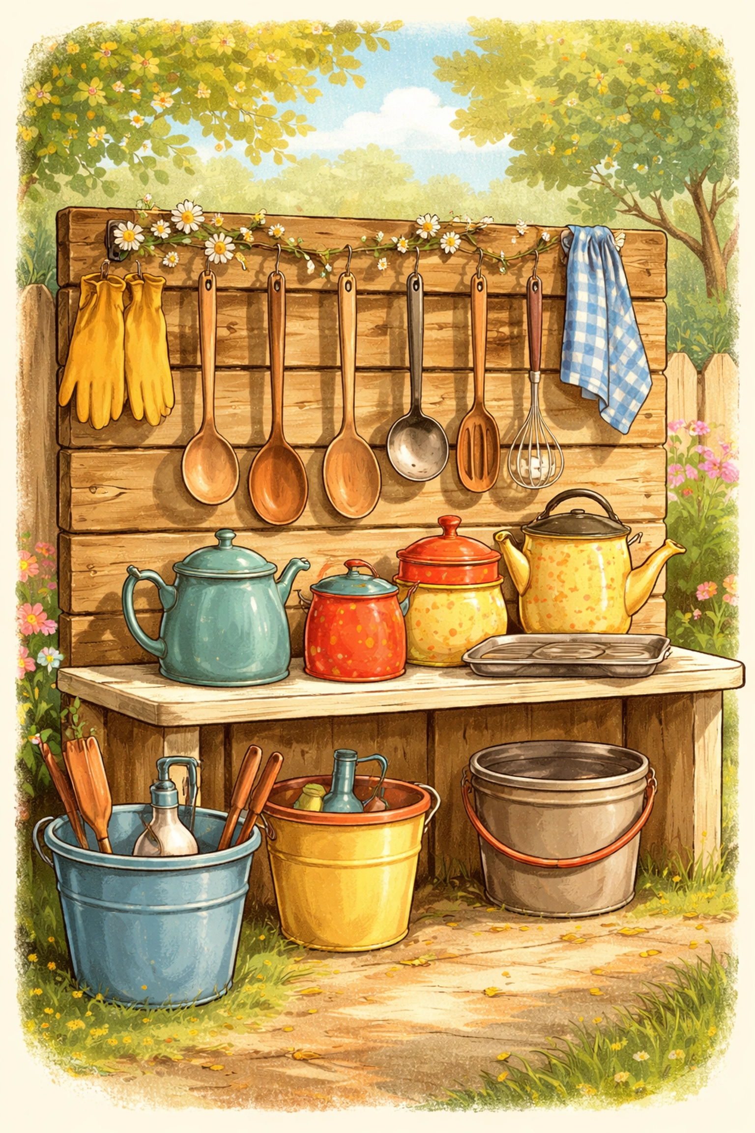 Mud kitchen storage area with utensils, pots, and gardening tools organized on shelves and hooks for easy play.