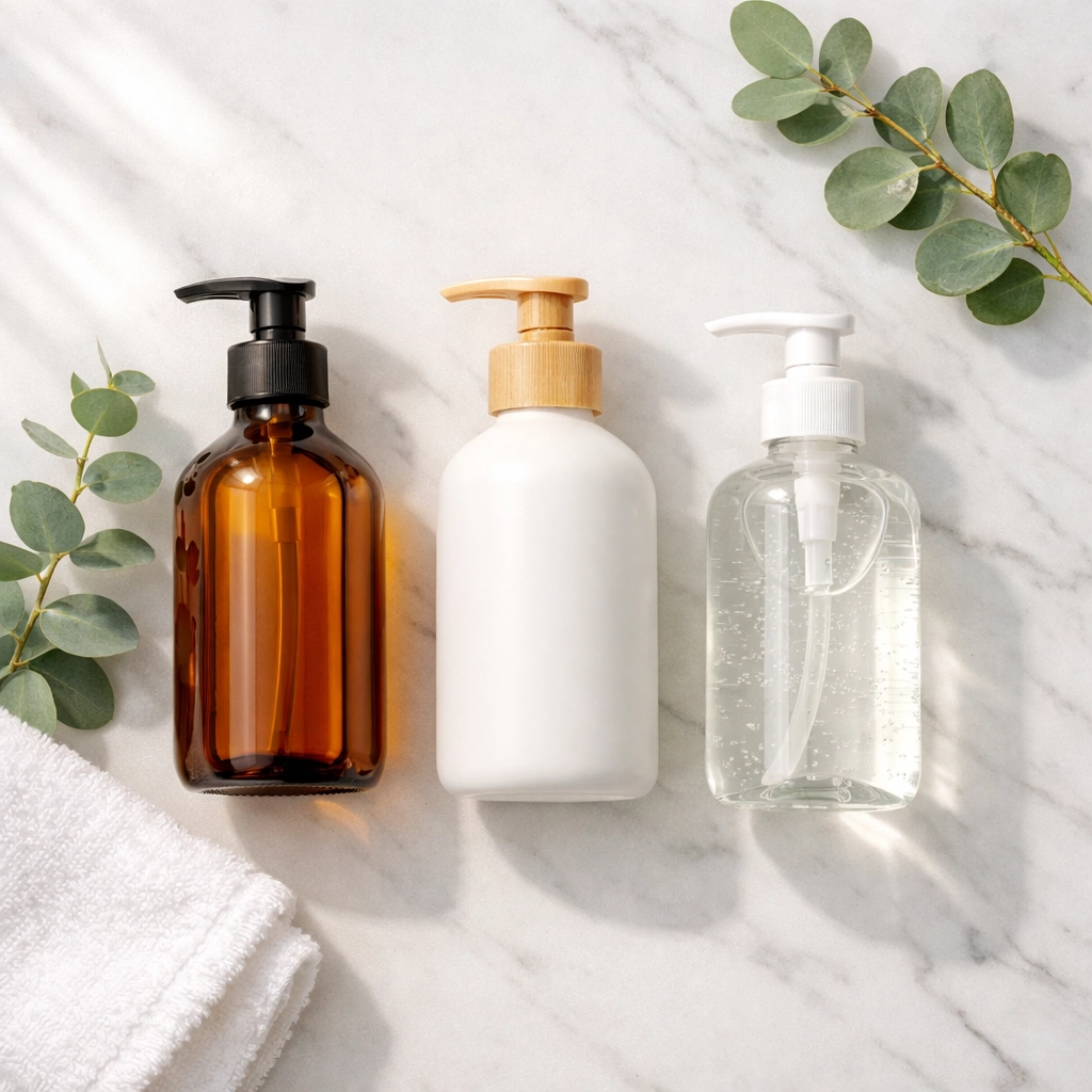 Best body wash bottles with natural ingredients on bathroom counter