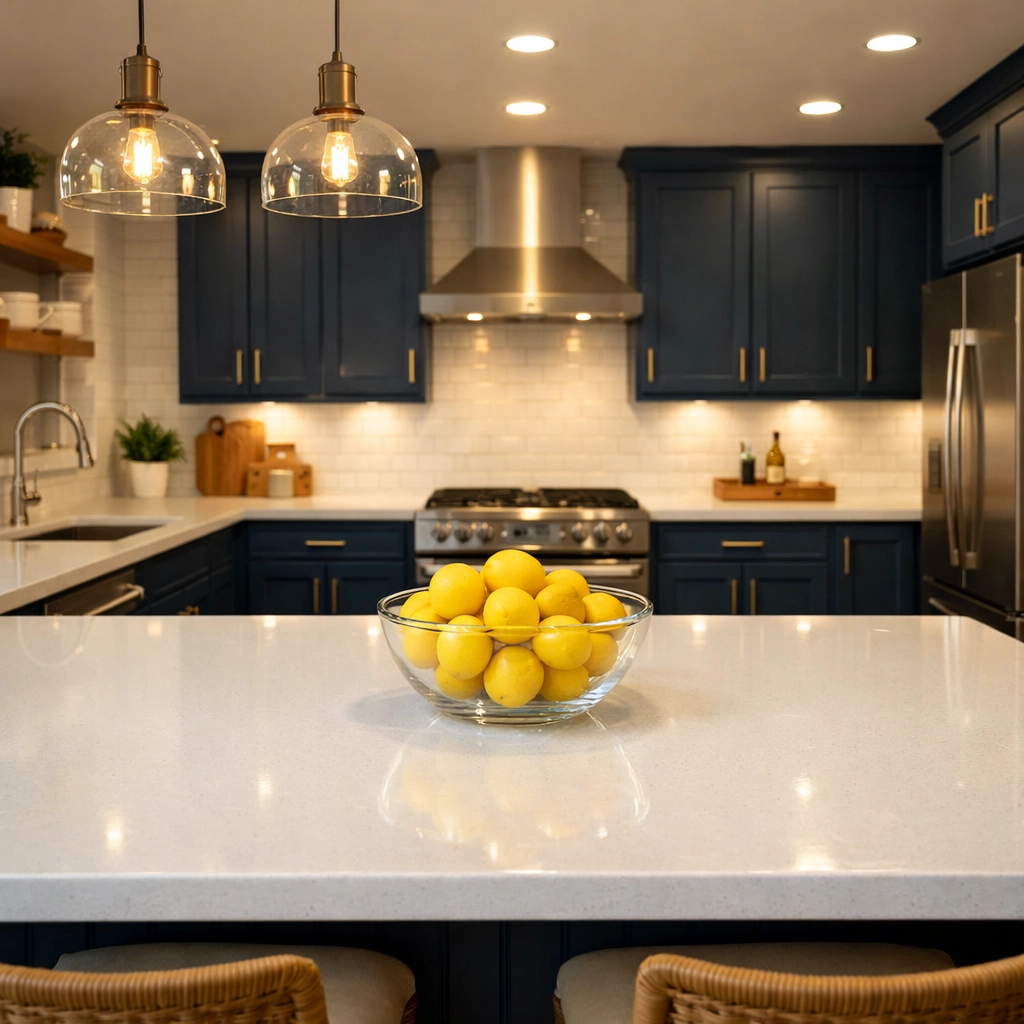 Sparkling white quartz kitchen island and navy cabinets representing a fresh start after a professional deep cleaning.