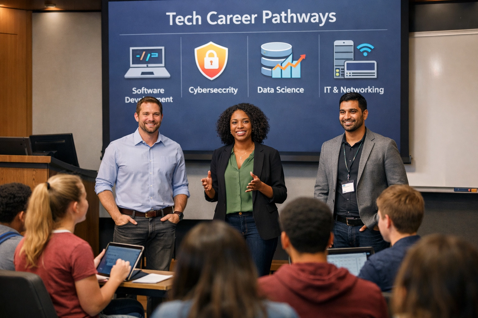 Tech professionals presenting career opportunities to engaged high school students