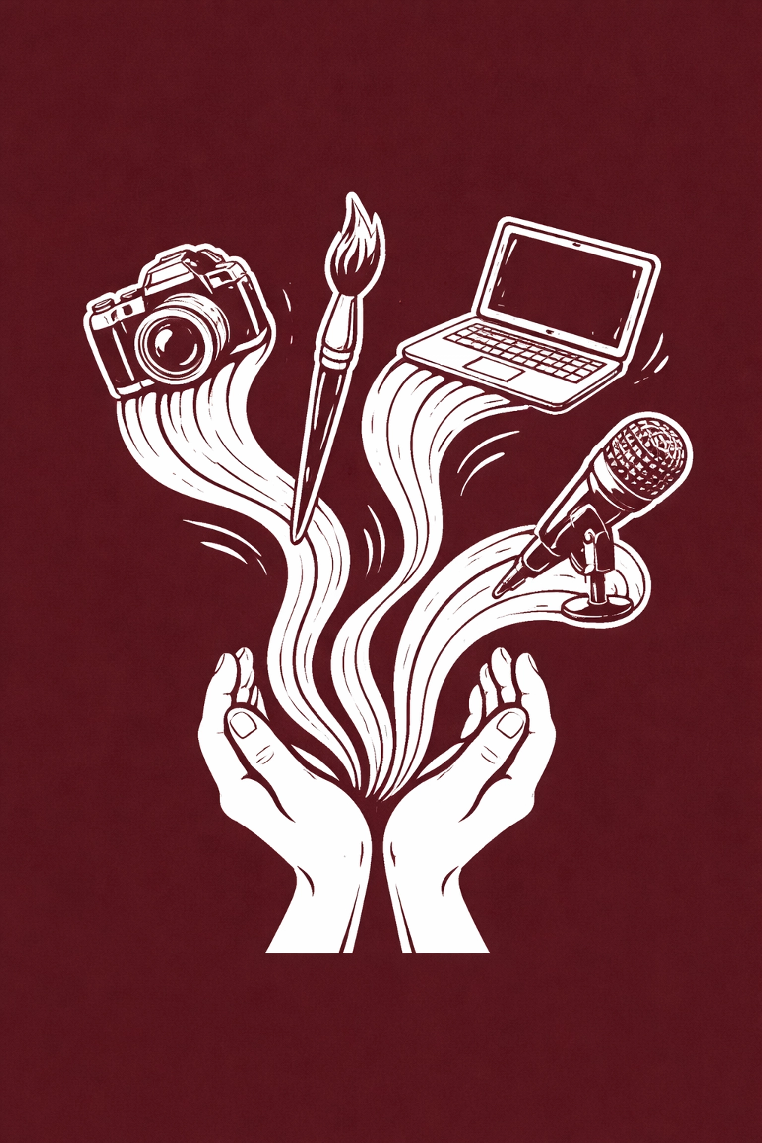 Sketch of hands holding diverse creative tools, symbolizing multiple income streams for artists