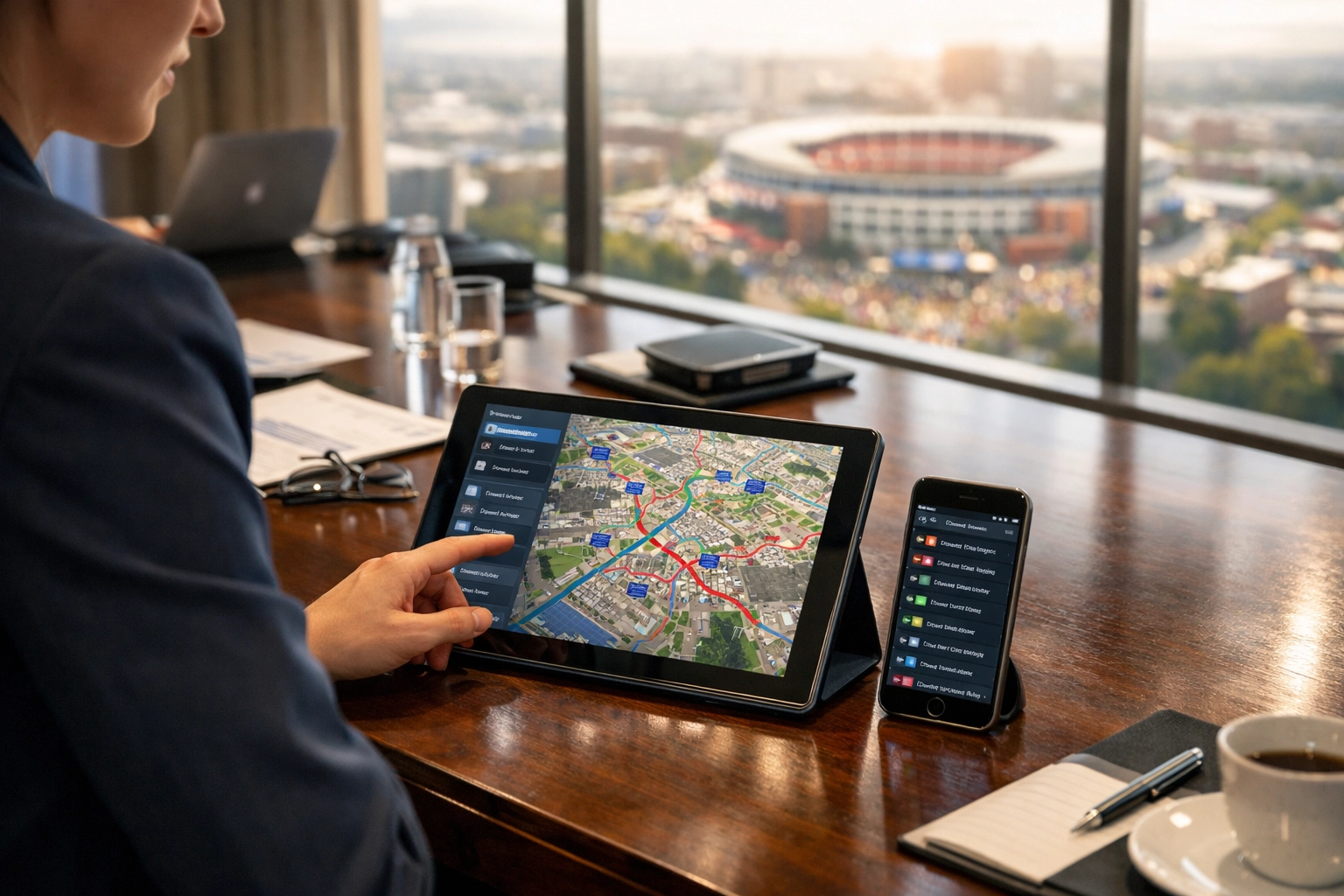 A corporate logistics command center in a luxury suite managing executive Super Bowl schedules.