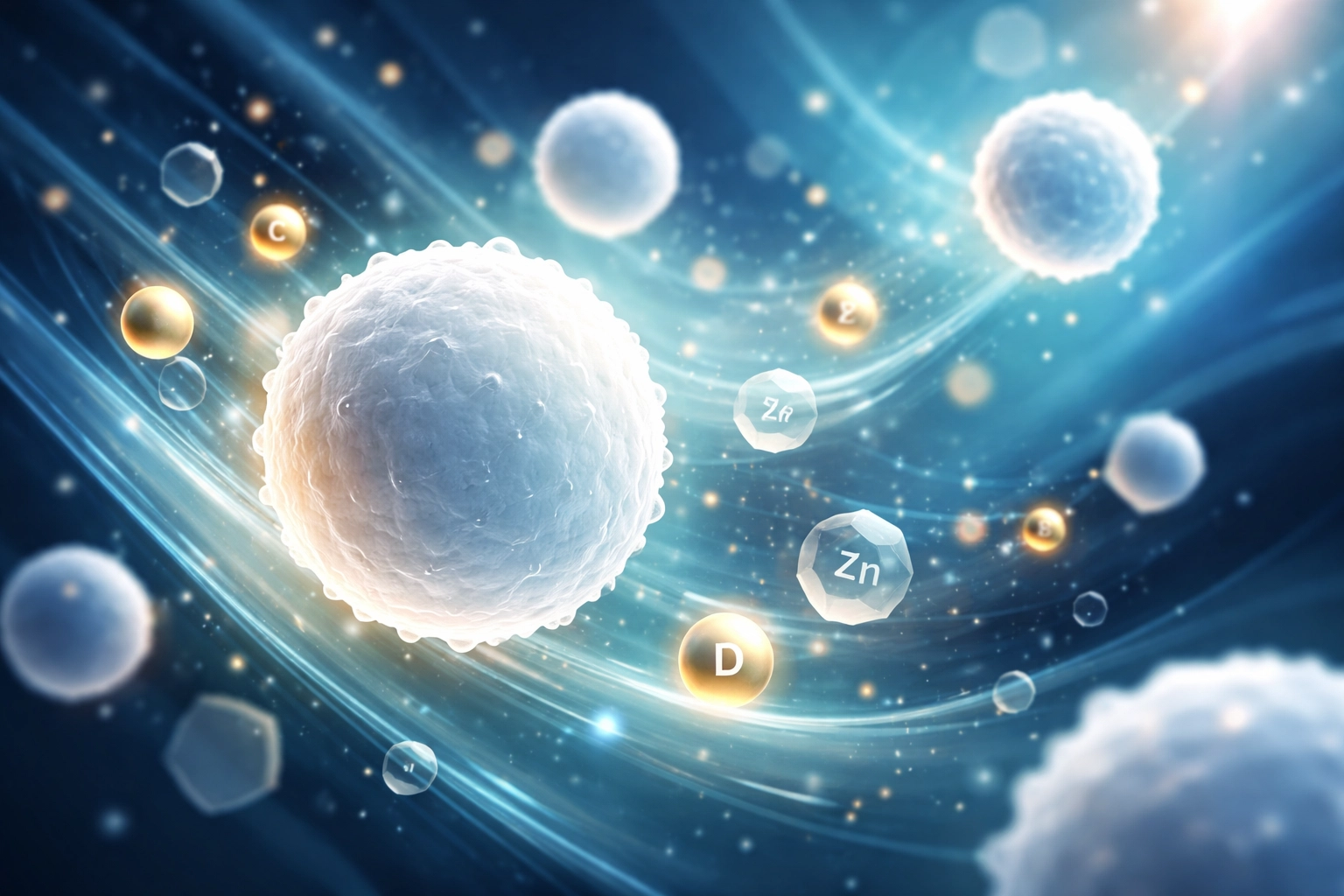 Stylized immune cells with nutrients, illustrating how minerals in sea moss strengthen winter immunity