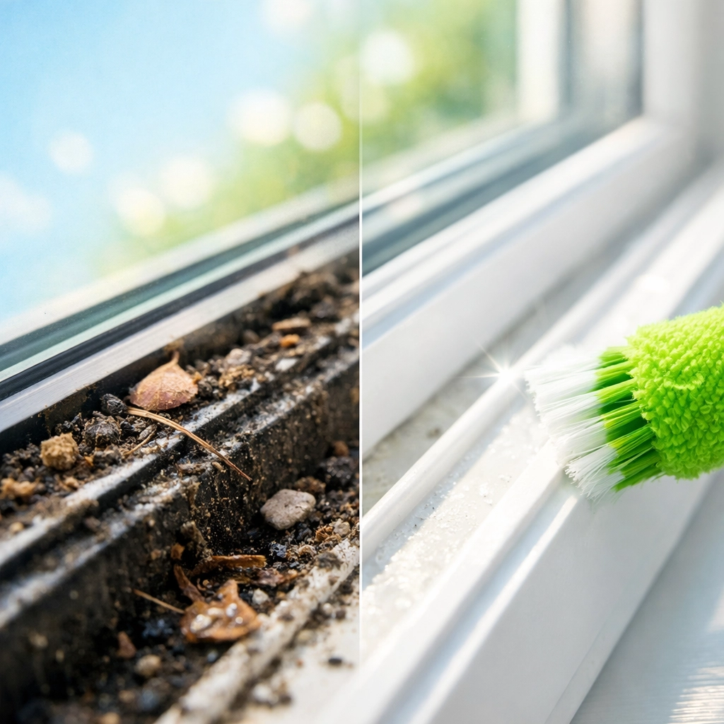 Before and after deep cleaning service in Cedar Falls showing a spotless window track.