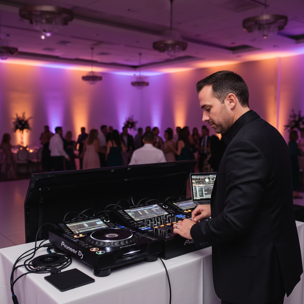 DJ in black suit mixes music at a console during an event. Dance floor in background with purple lighting and people dancing.