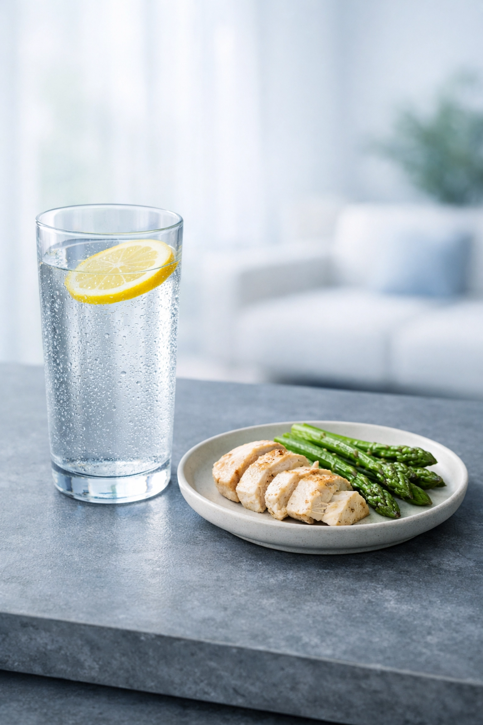 Fresh lemon water and a lean protein meal, highlighting the importance of hydration and nutrition during GLP-1 weight loss.