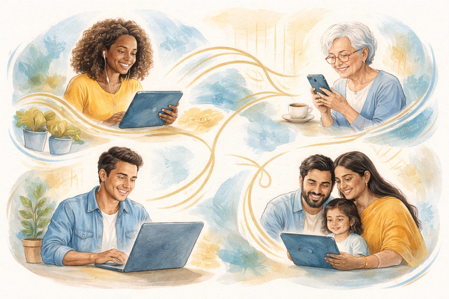 Illustration of a diverse group connecting online, reflecting Boundless Online Church's inclusive faith community
