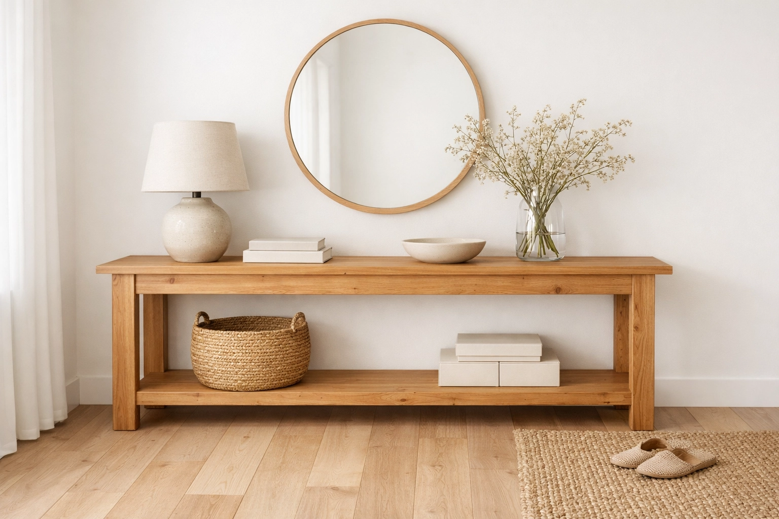 Minimalist 72-inch solid wood console table in a sun-drenched entryway for an easy no-demo home upgrade.