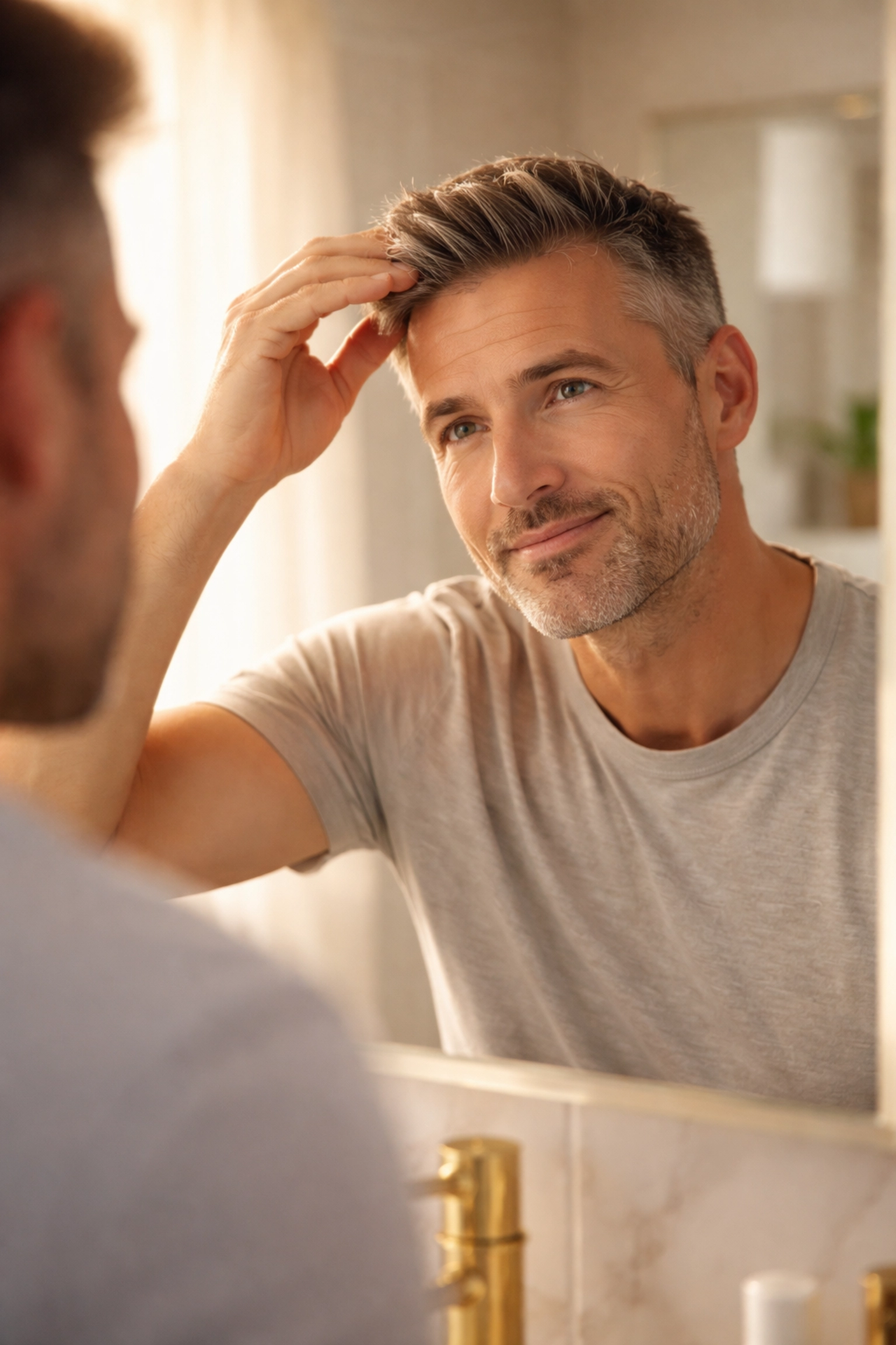 Middle-aged man examining his hairline in a sunlit bathroom, reflecting hope from hair restoration treatments
