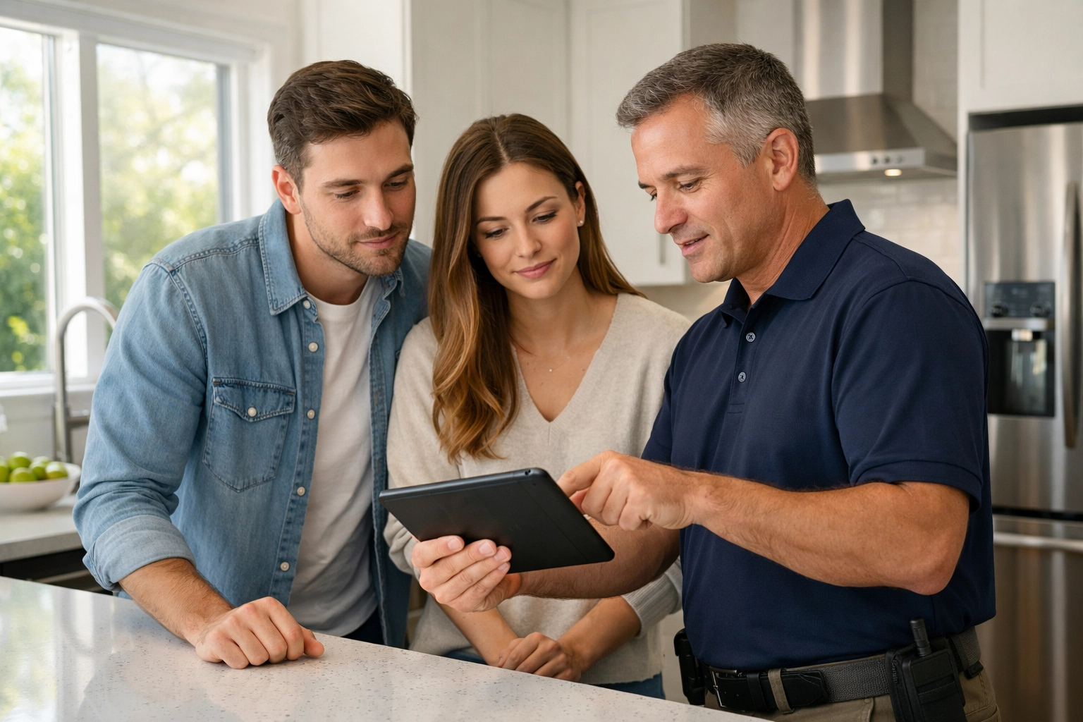 Professional home inspection in a modern Newmarket kitchen for a young couple performing due diligence.