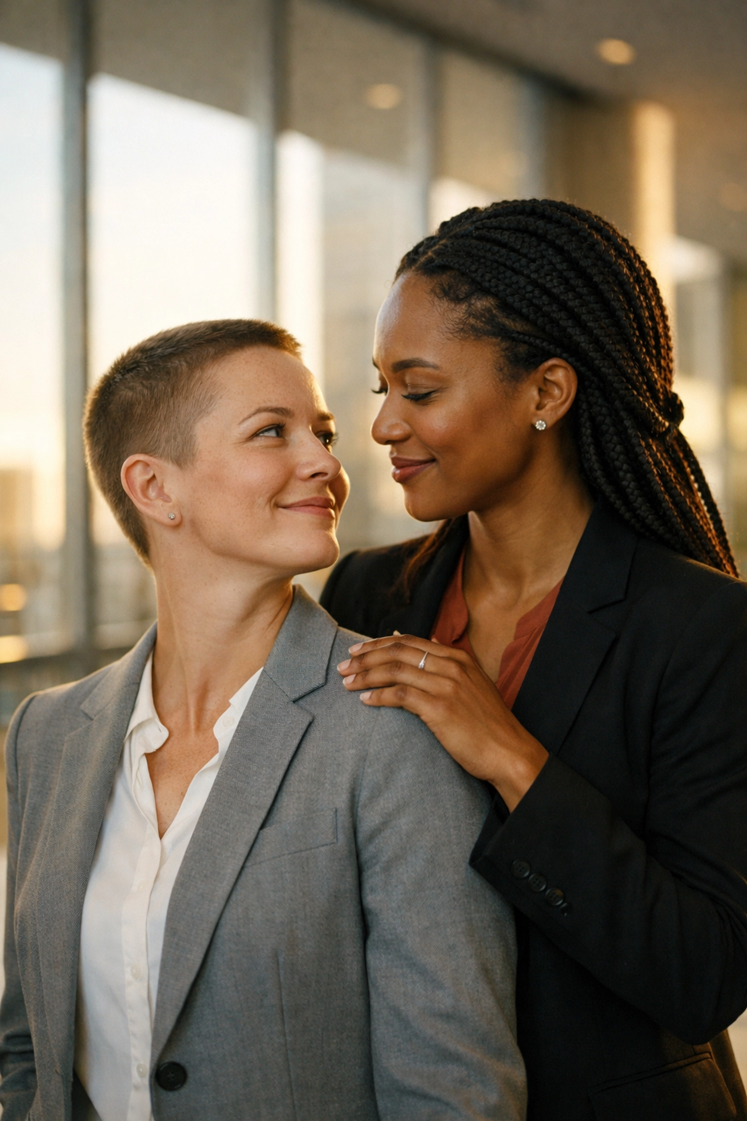 A professional lesbian couple sharing a moment in a modern corporate lobby of an LGBTQ+ inclusive business.