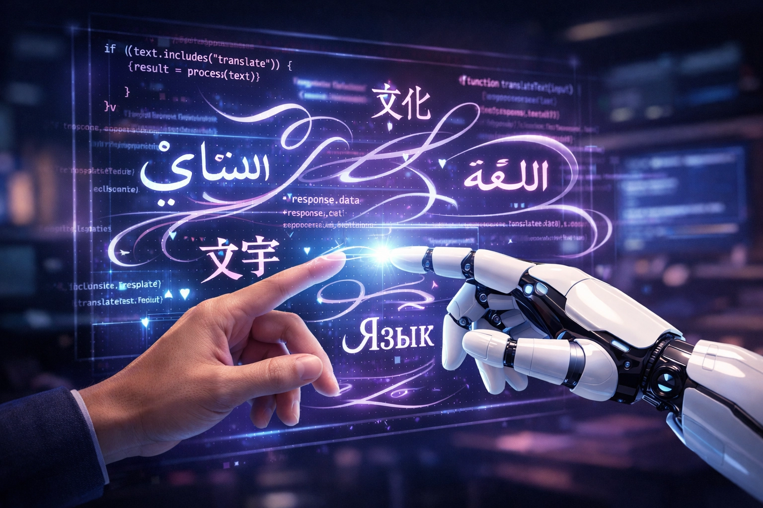 Human and digital hands interacting with global scripts to illustrate technical content localization.