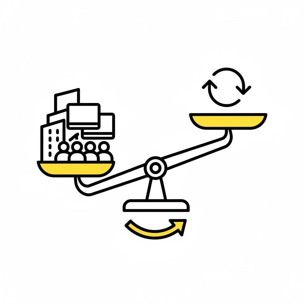 Yellow seesaw balancing a cityscape with people on one side, and a recycling symbol on the other. Arrow indicates motion. Minimalist style.