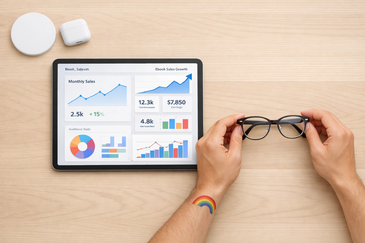 An author tracking their book sales on a digital dashboard, representing success in gay romance publishing.