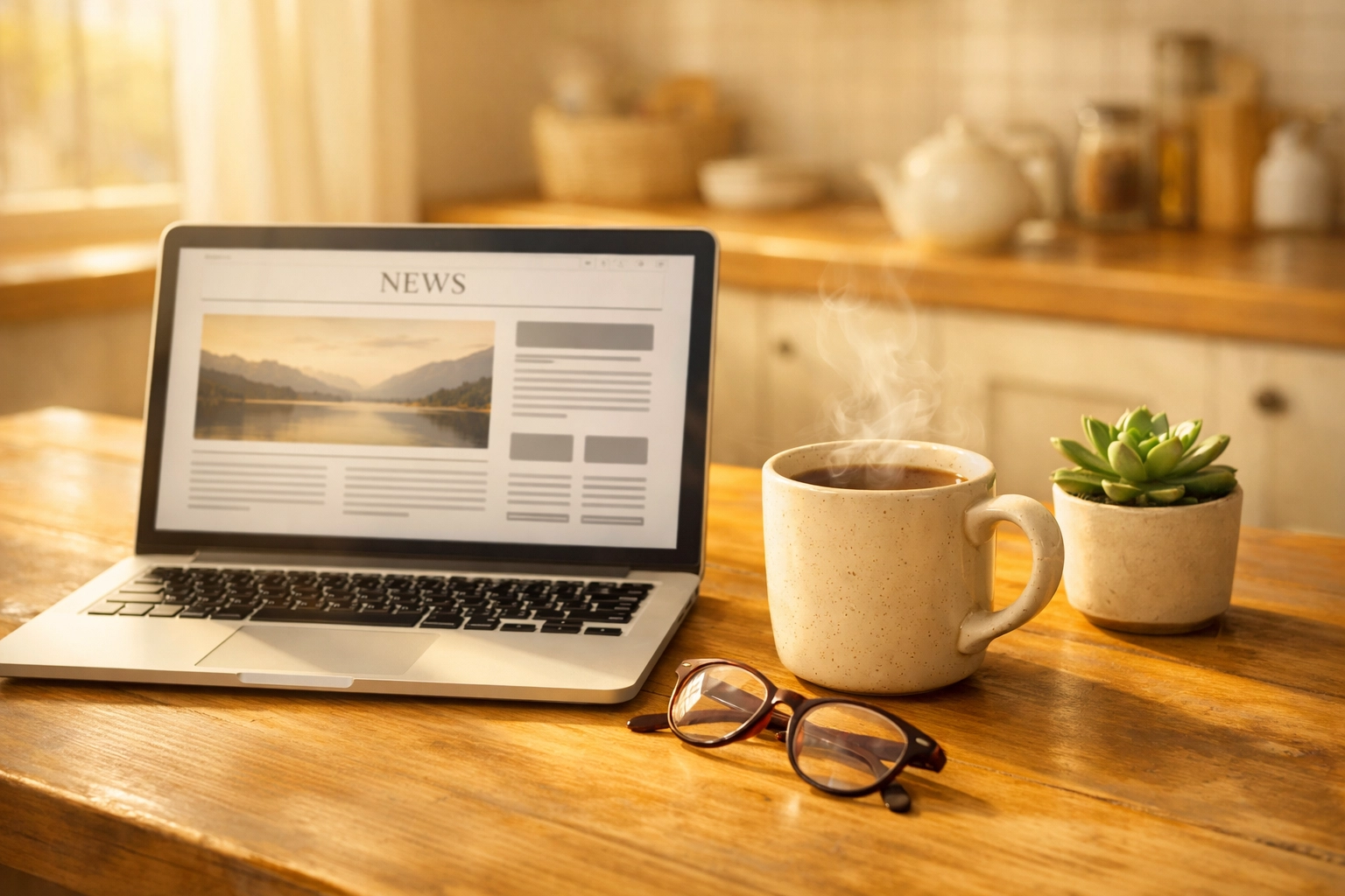 Morning coffee and laptop displaying peaceful 8 AM Breakfast Briefs news on kitchen table