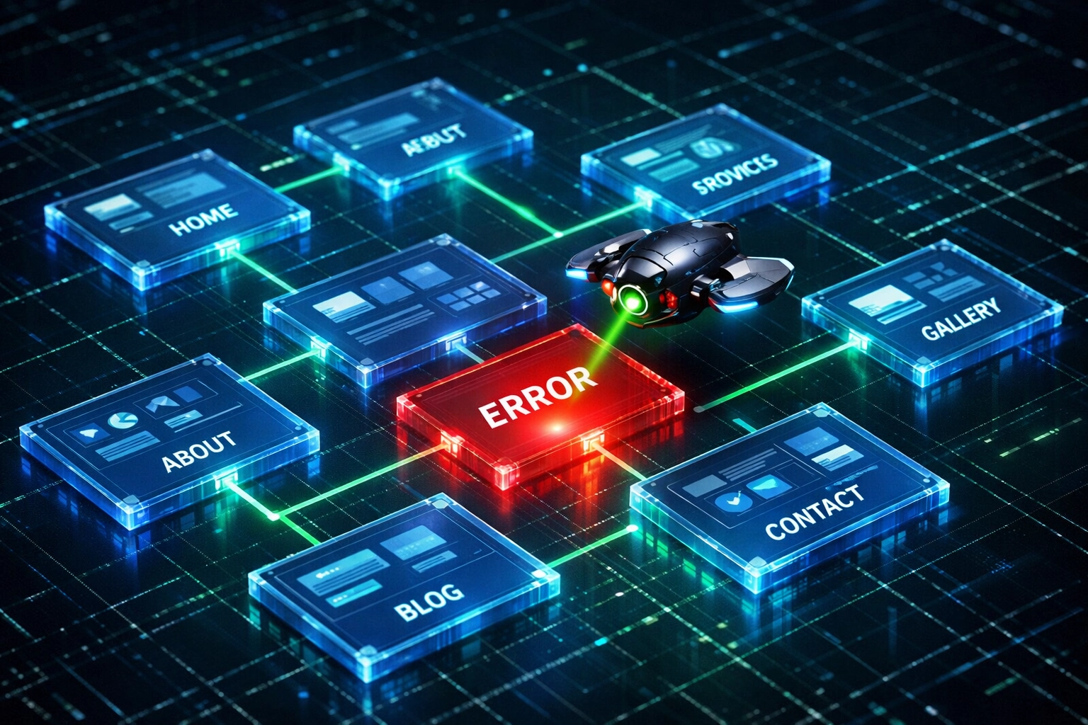 A digital drone identifying a technical error on a glowing website architecture map for SEO auditing.