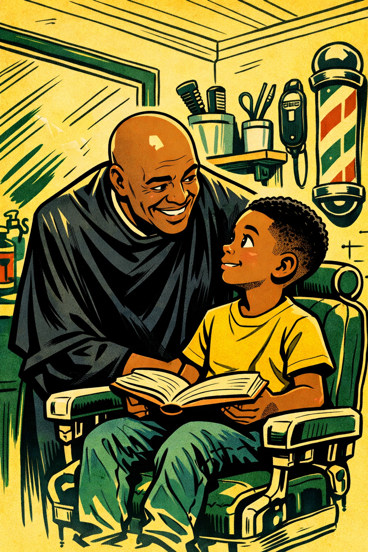 Professor Antonio mentoring a young boy reading a book during a CRC barbershop visit.