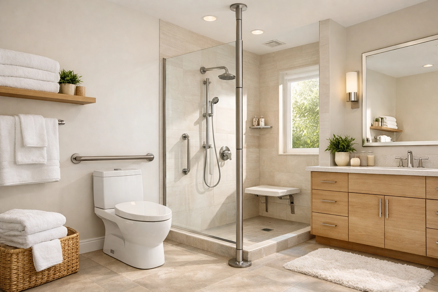 Comprehensive bathroom safety layout featuring a toilet rail and a floor-to-ceiling tension pole.