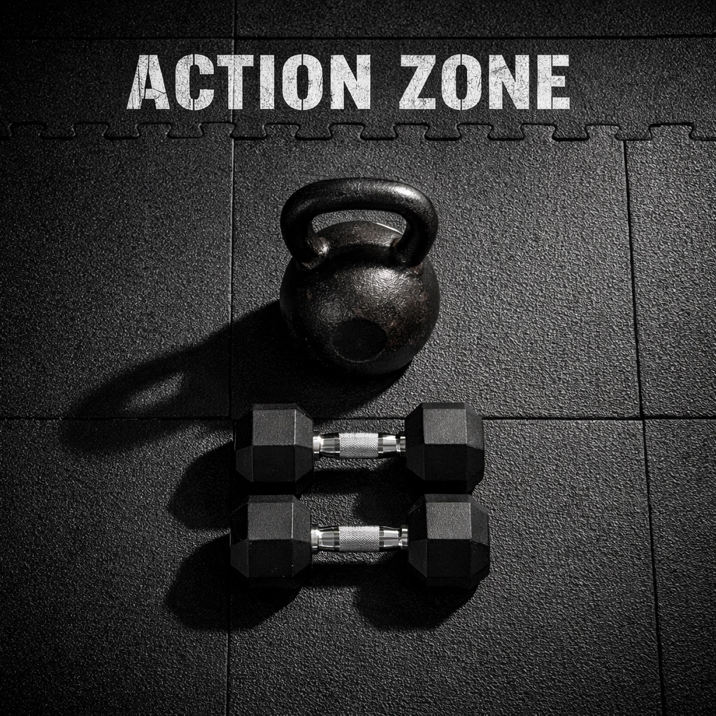 Home gym setup with rubber flooring mats, kettlebells, and dumbbells for full body workouts.