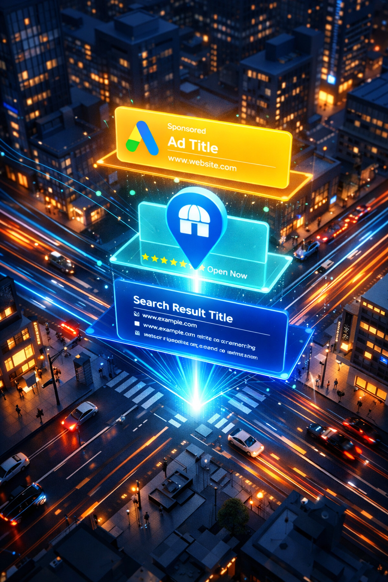 Search results displaying Google Ads, Google Business Profile, and organic rankings for local business