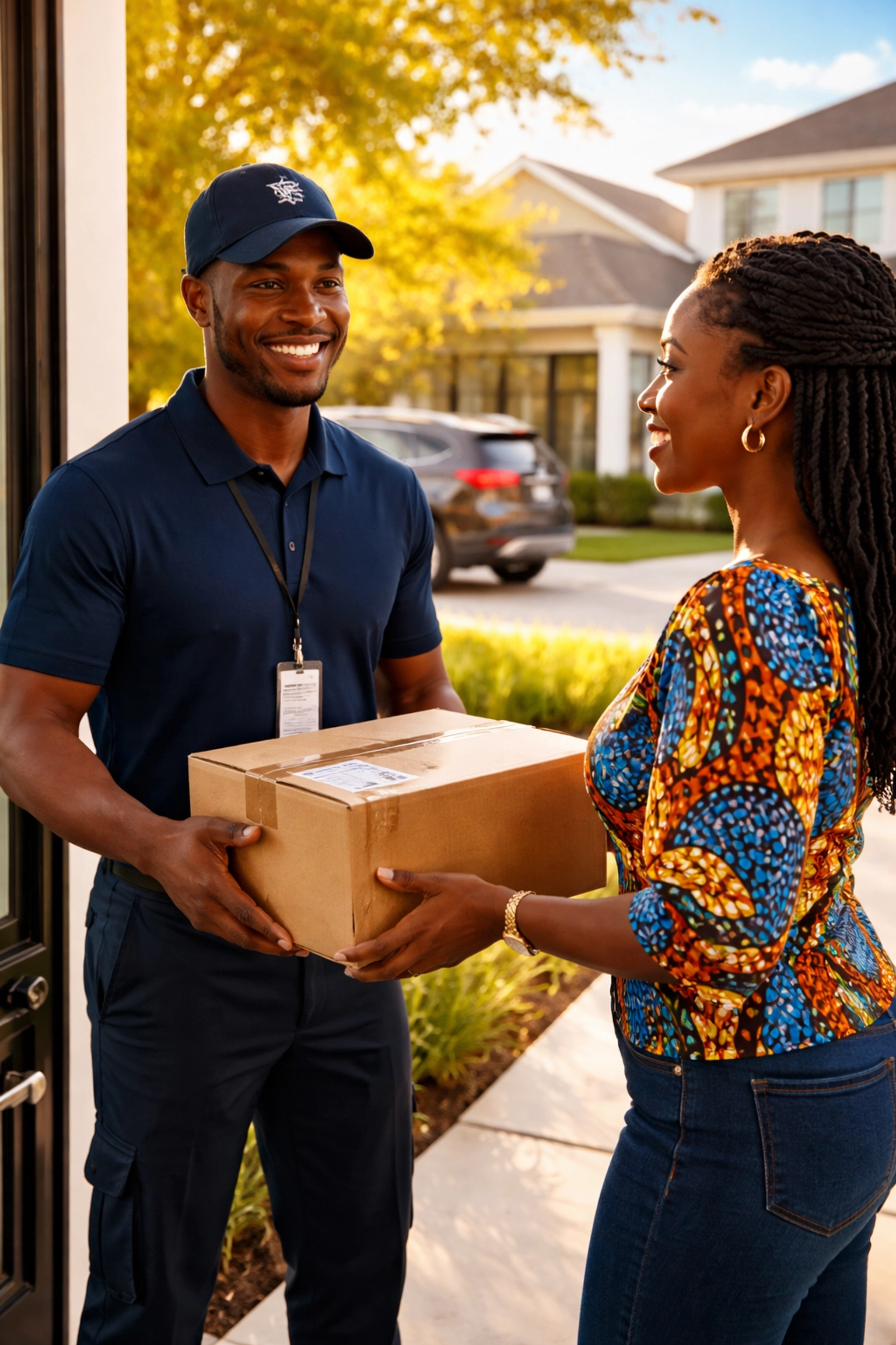 PSI air freight driver collecting a package from a Nigerian-American customer at her Houston home