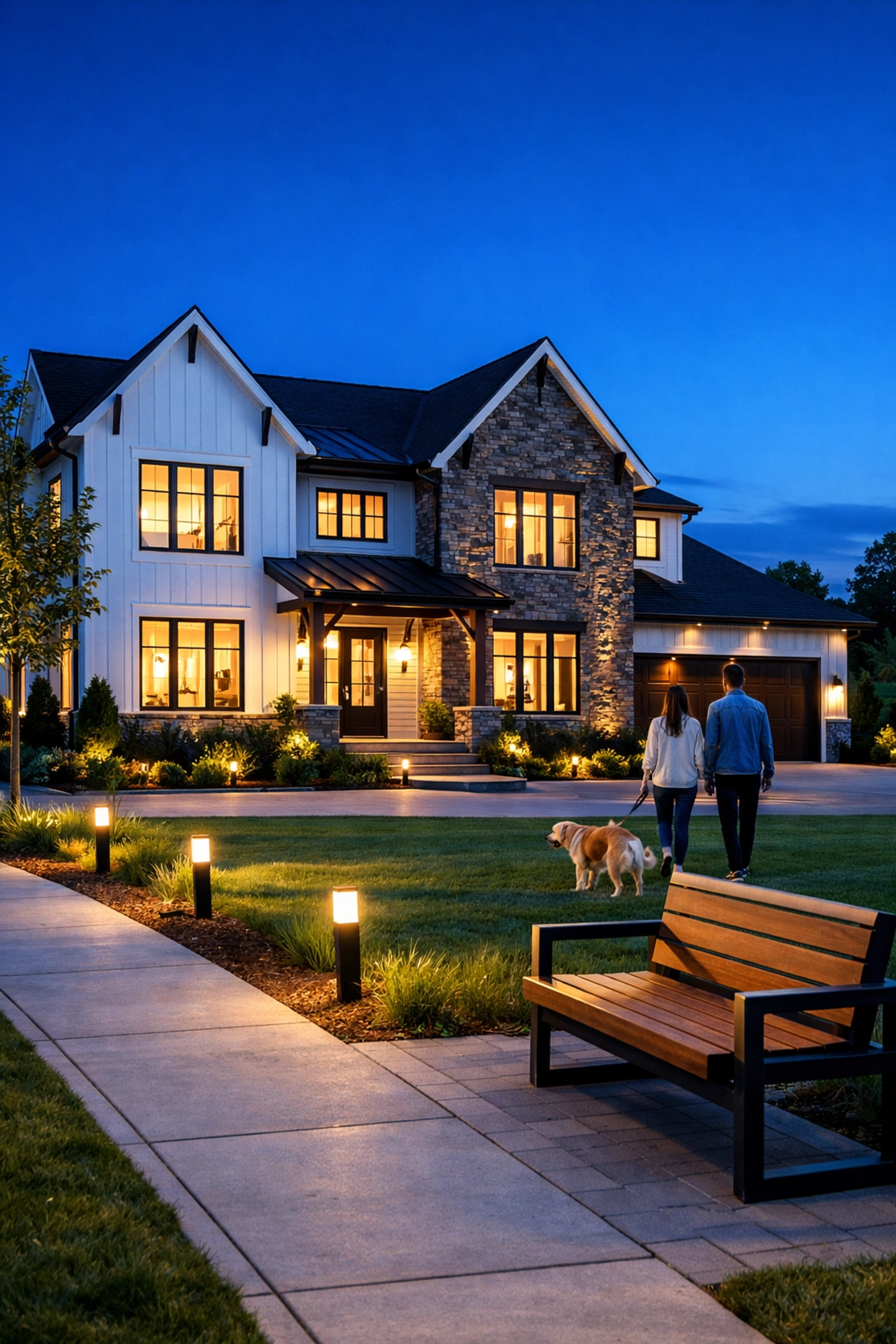 Modern farmhouse-style new construction home in Waxhaw NC featuring stone accents and professional landscaping.