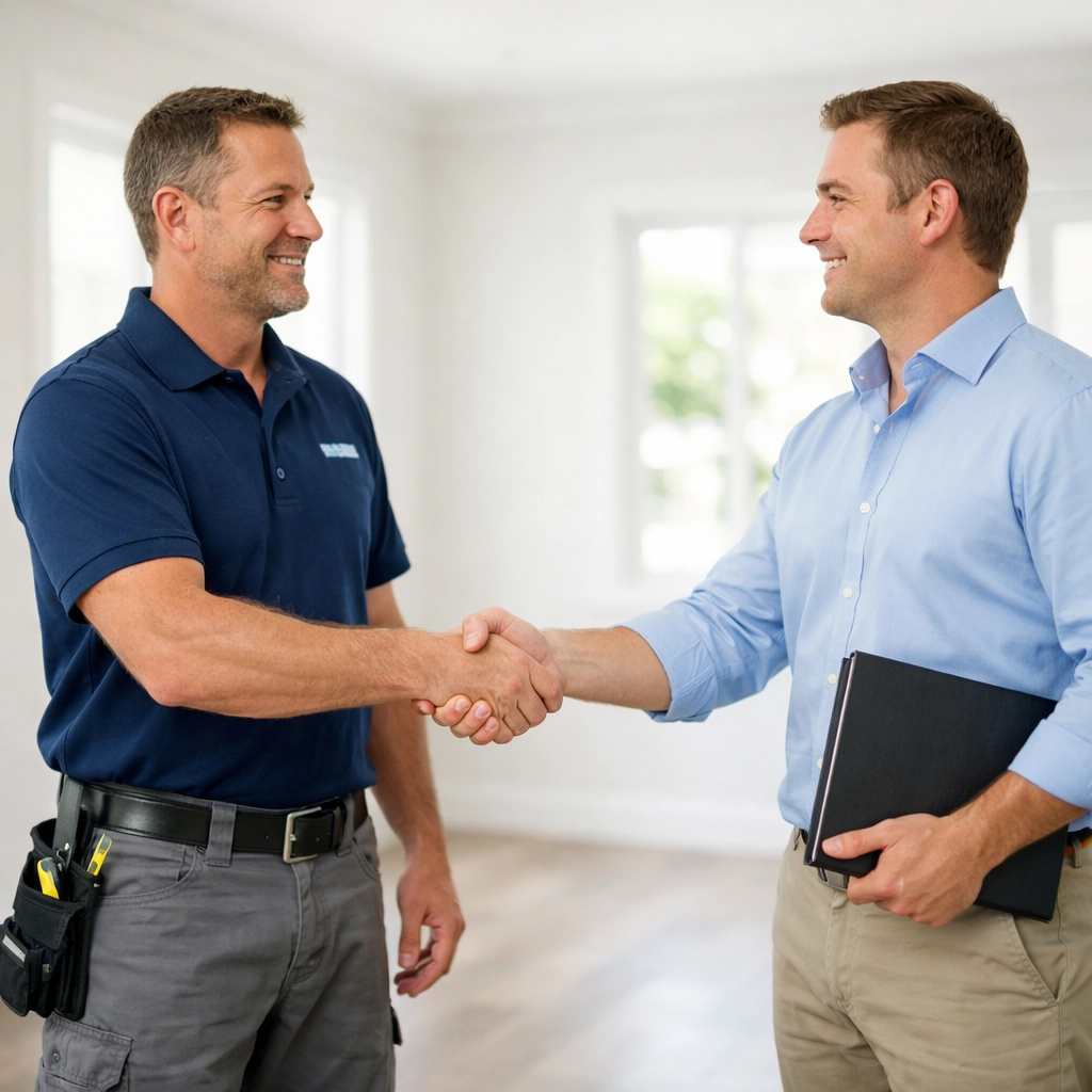 Property manager and contractor handshake in renovated apartment unit