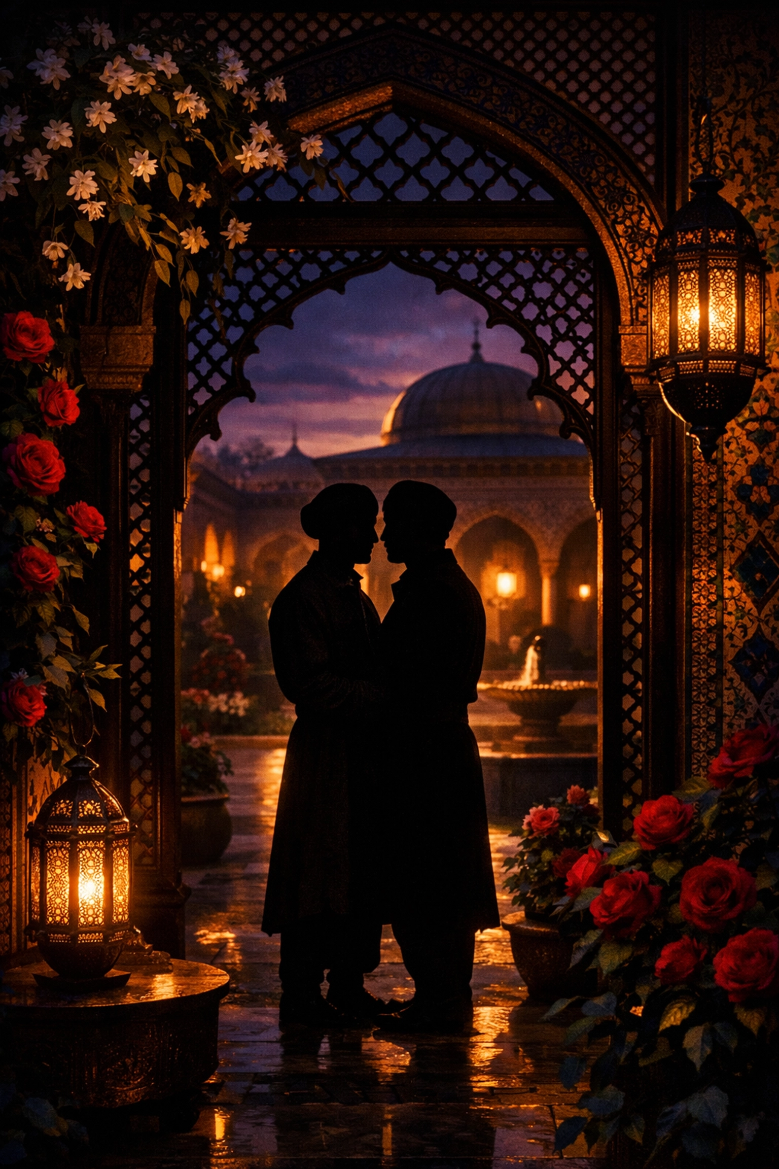 Ottoman palace garden at dusk with two men in intimate moment - historical gay romance setting