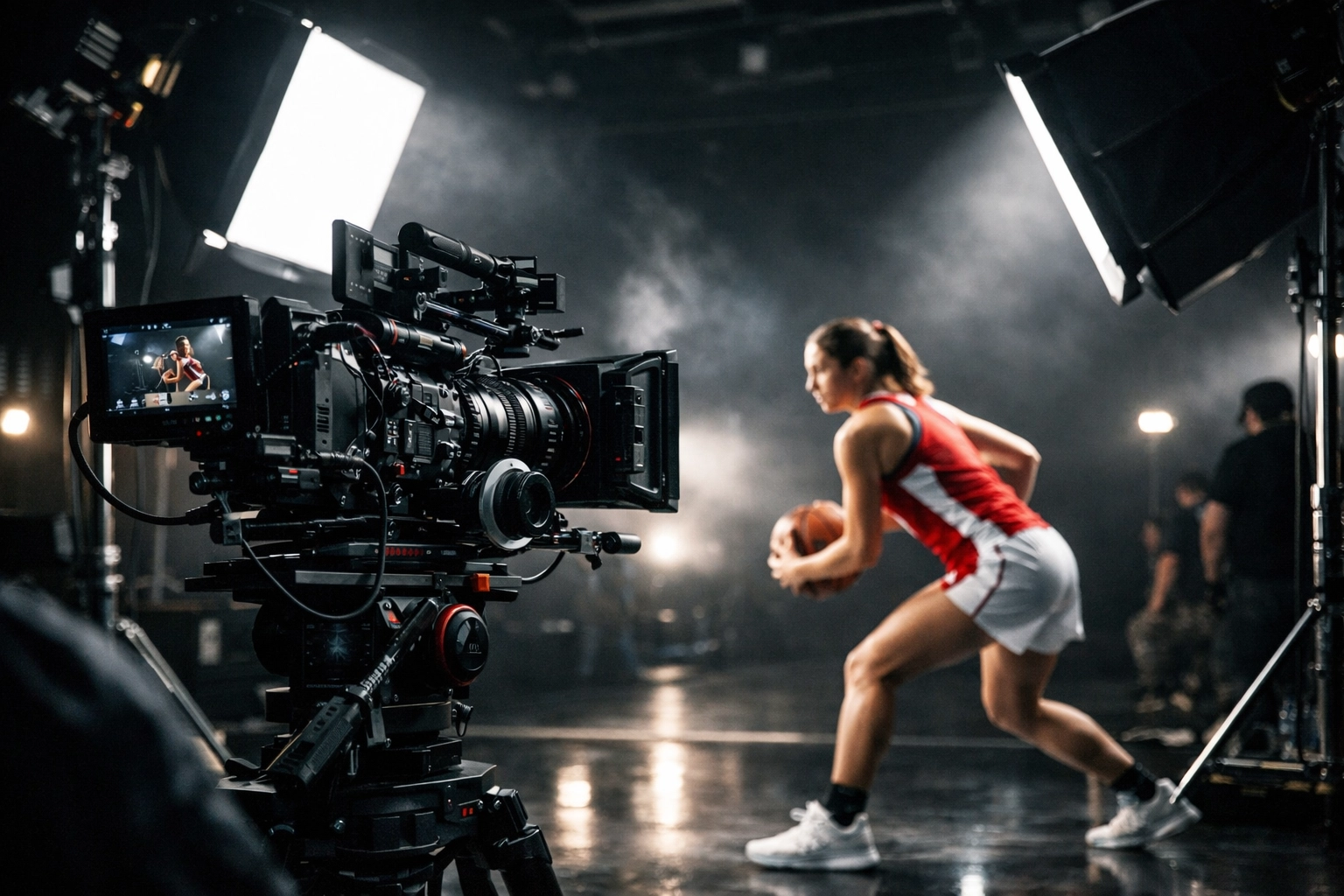 Professional camera crew filming high-production NIL brand content with a female collegiate athlete.